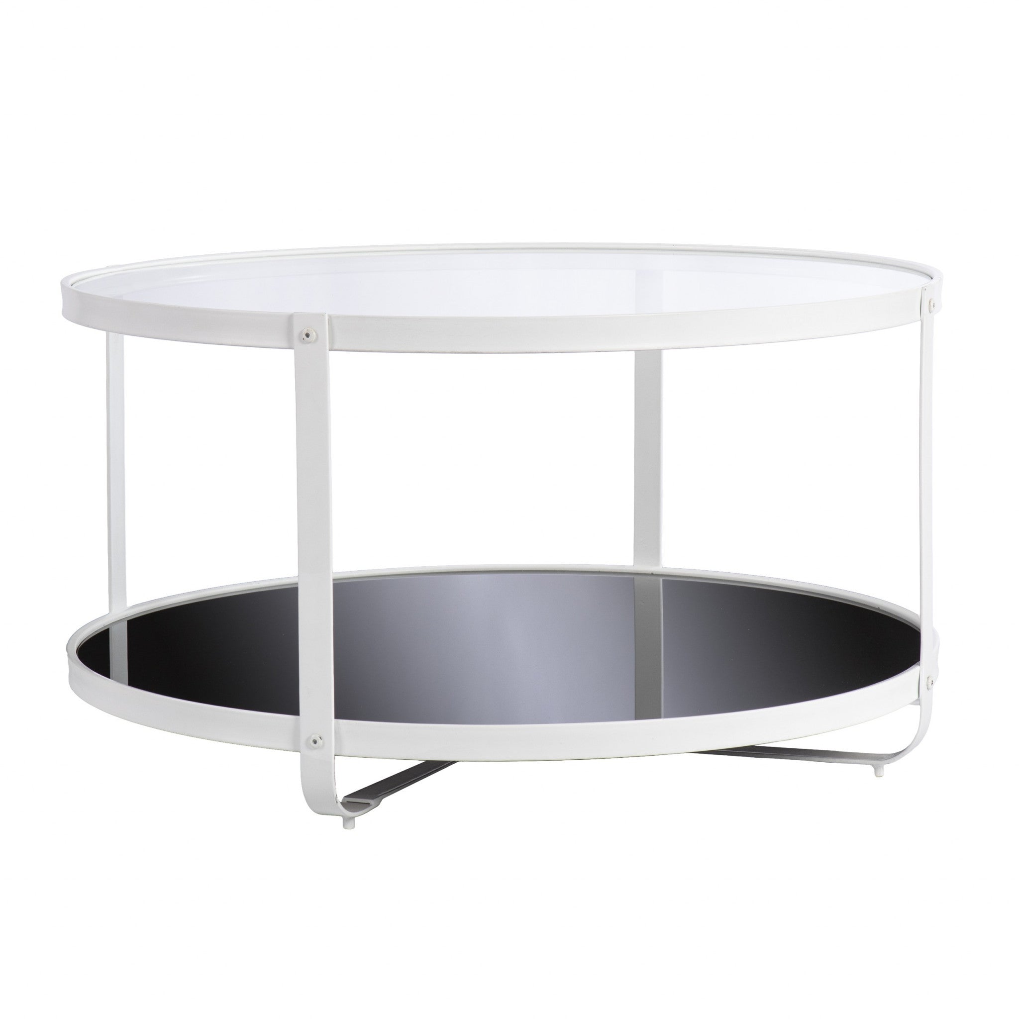 32" White Glass And Metal Two Tier Round Coffee Table