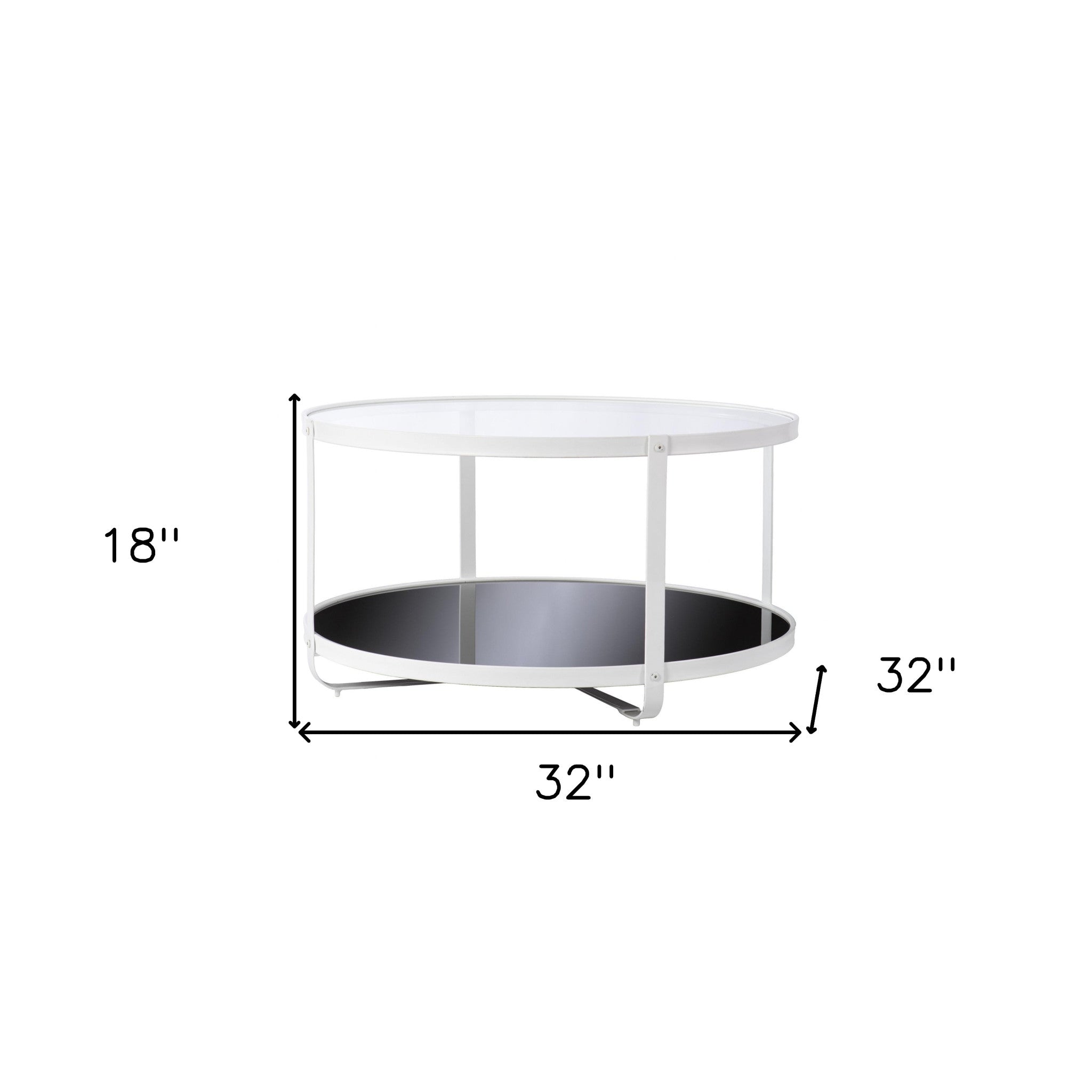 32" White Glass And Metal Two Tier Round Coffee Table