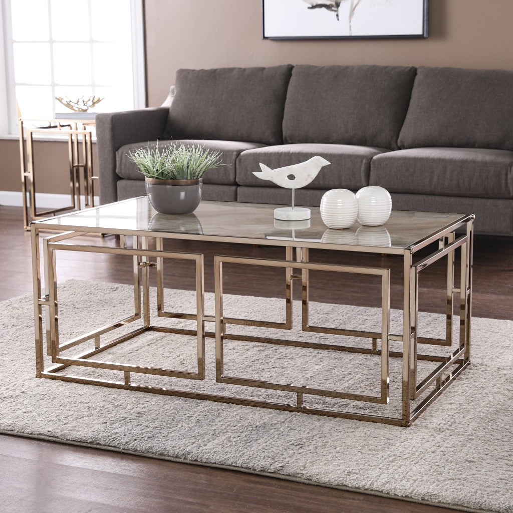 44" Champagne Glass And Metal Rectangular Coffee Table
