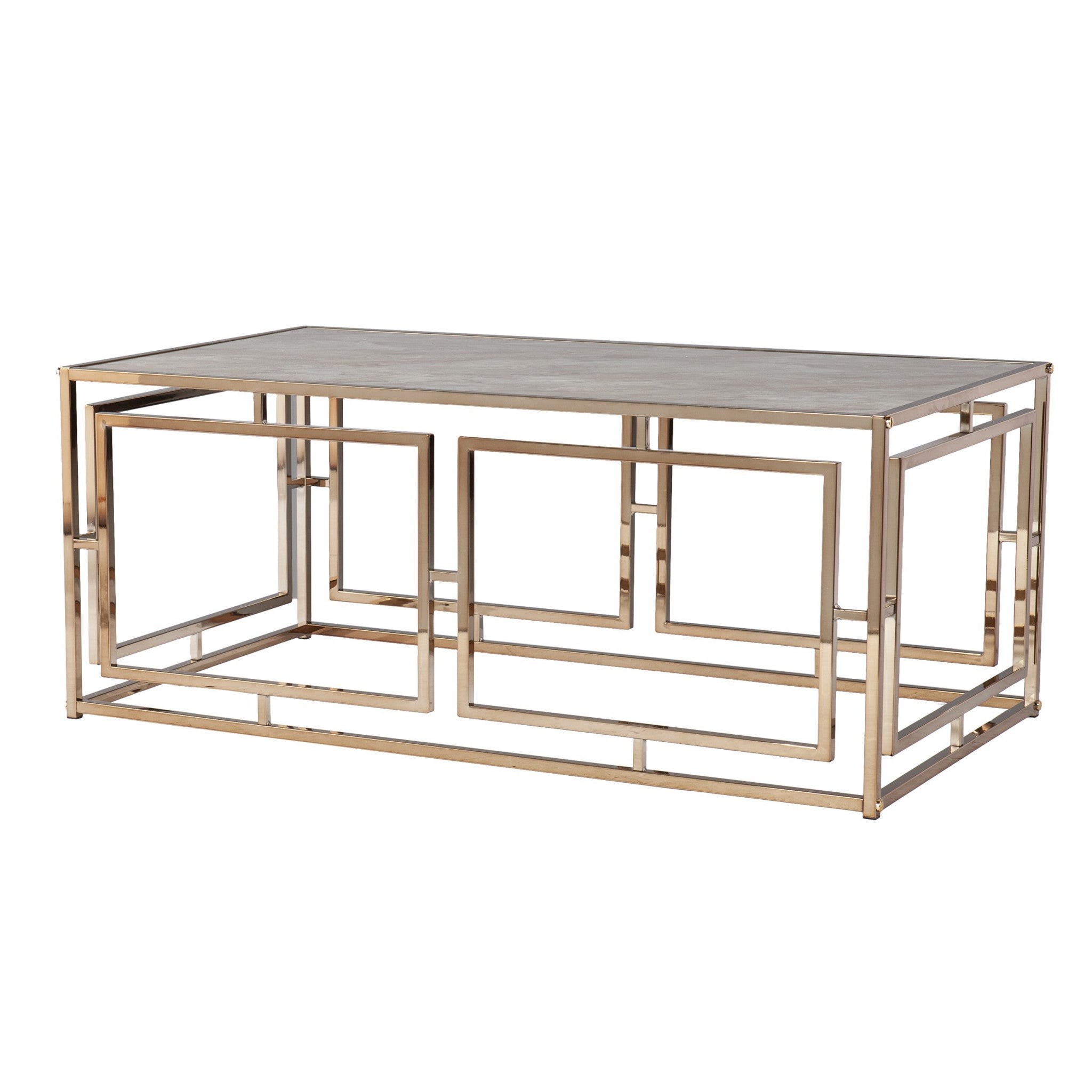 44" Champagne Glass And Metal Rectangular Coffee Table