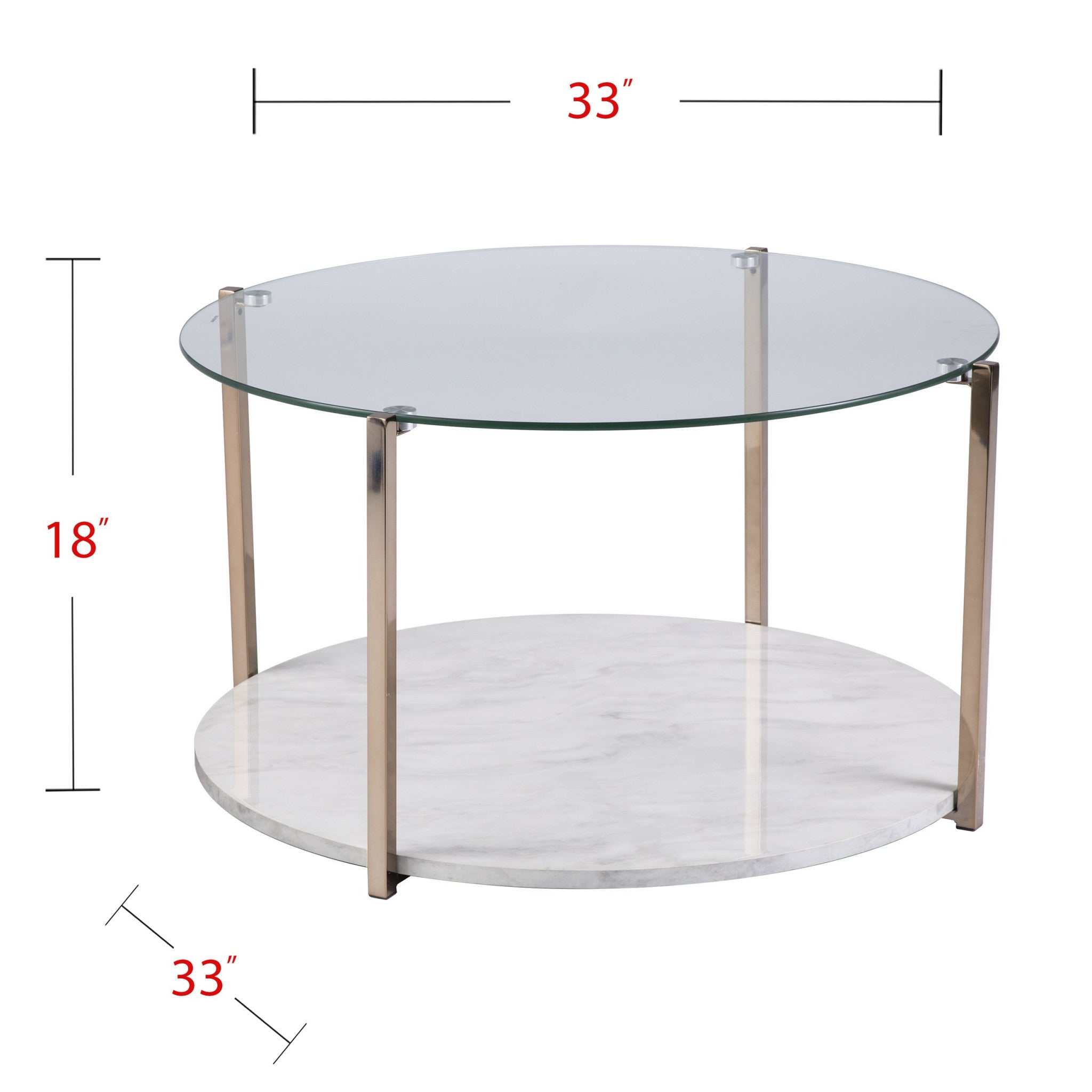 33" Gold Glam Glass And Faux Marble Two Tier Round Coffee Table