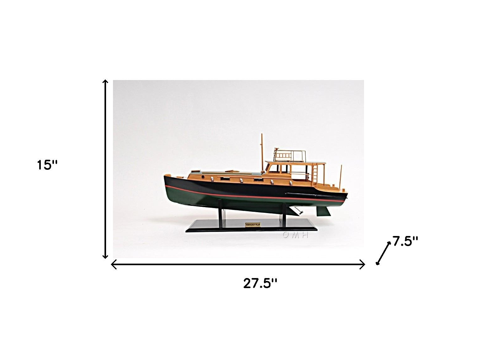 15" Black and Green 1934 Hemingway Pilar Fishing Boat Boat Hand Painted Decorative Boat