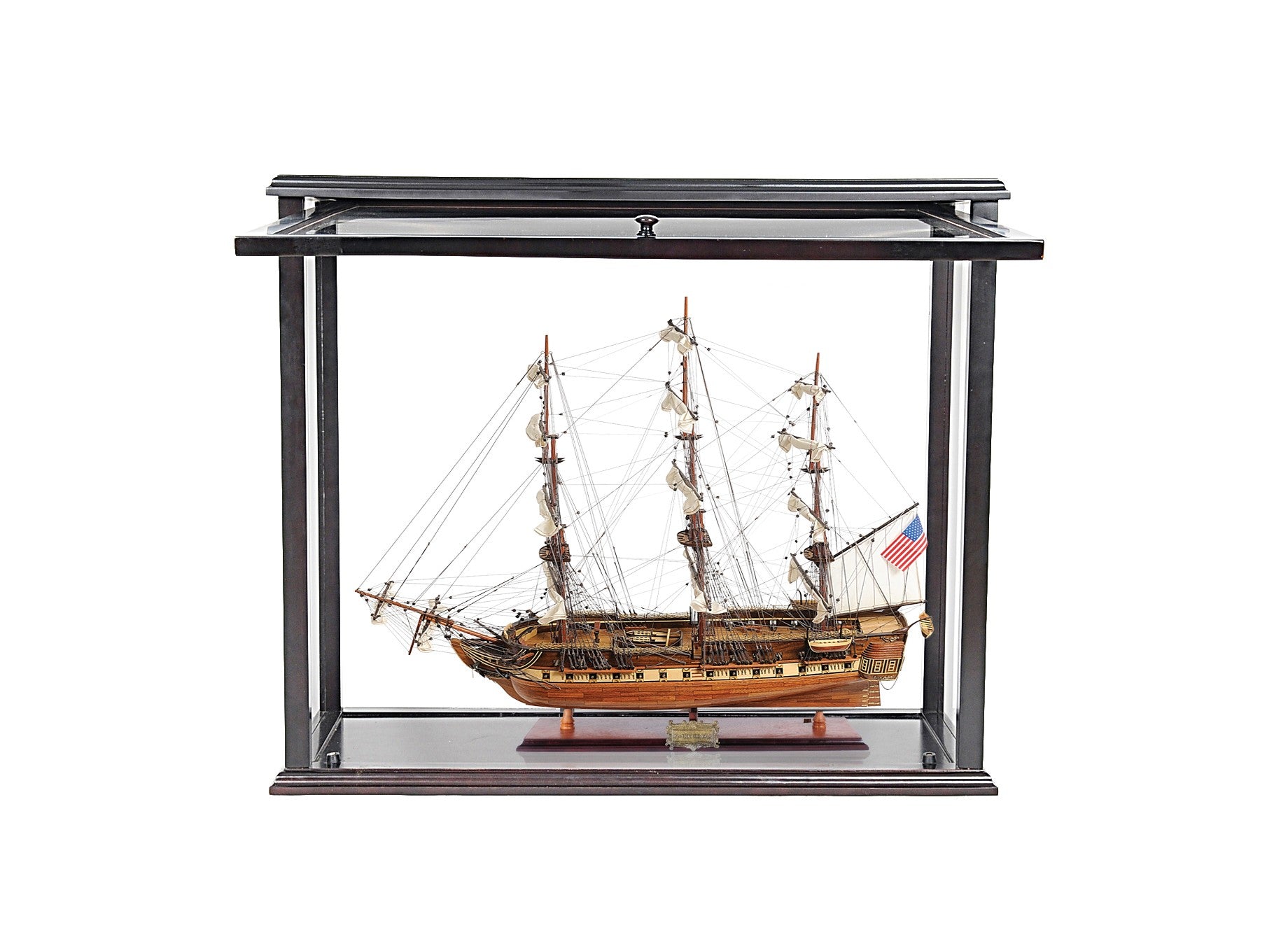 30" Wood Brown 1797 USS Constitution Medium Open Fron Display Case Boat Hand Painted Decorative Boat