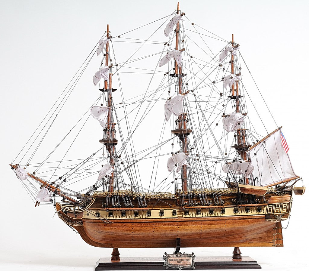 30" Wood Brown 1797 USS Constitution Medium Open Fron Display Case Boat Hand Painted Decorative Boat