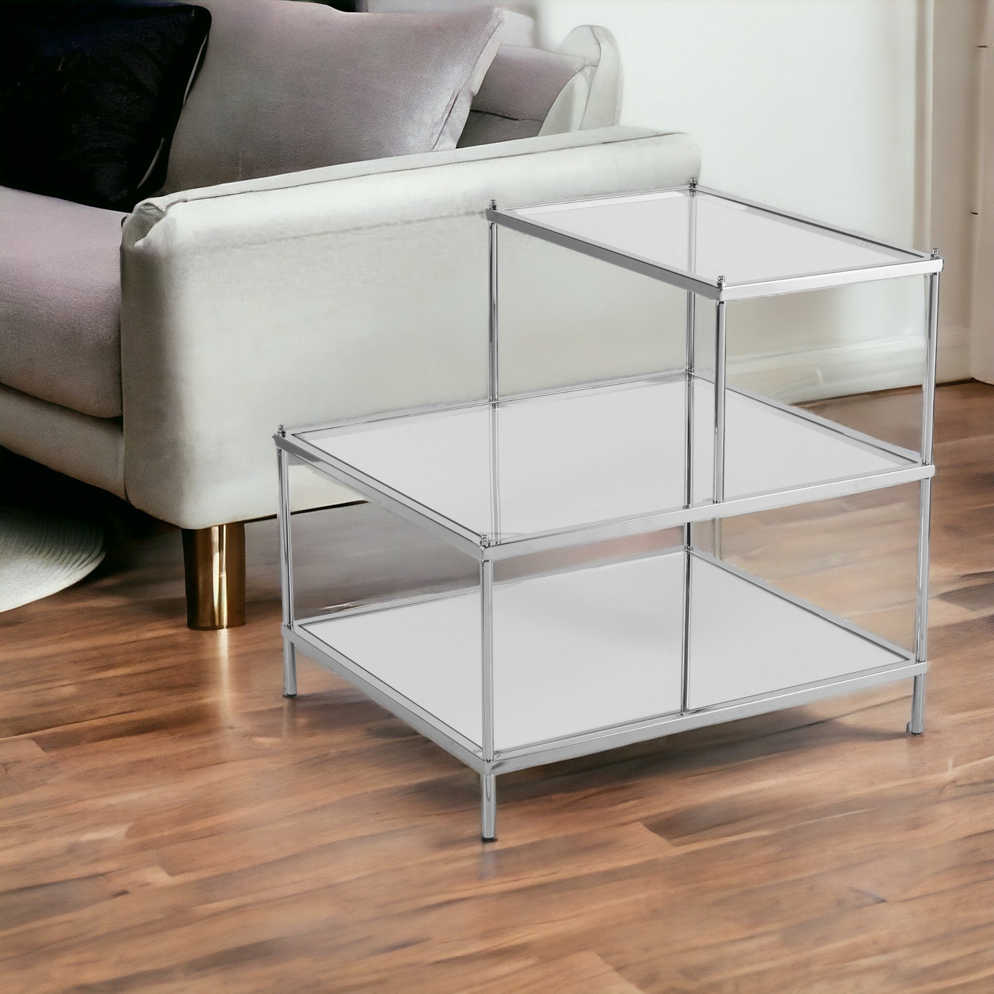 24" Silver And Clear Glass Mirrored End Table