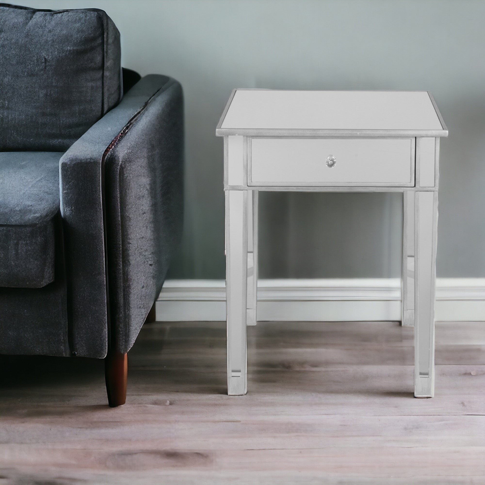 29" Silver And Reflective Glass Square End Table With Drawer