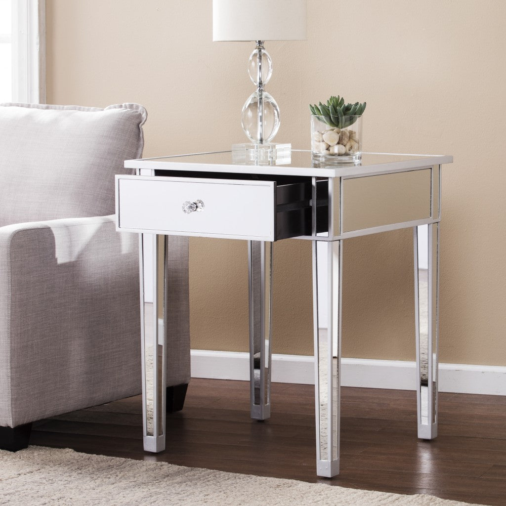 29" Silver And Reflective Glass Square Mirrored End Table