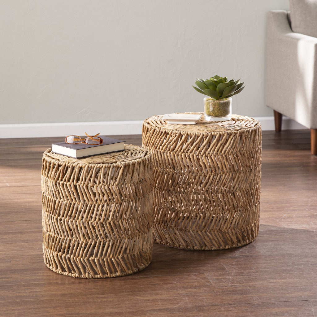 Set Of Two 18" Natural Woven Rattan End Tables