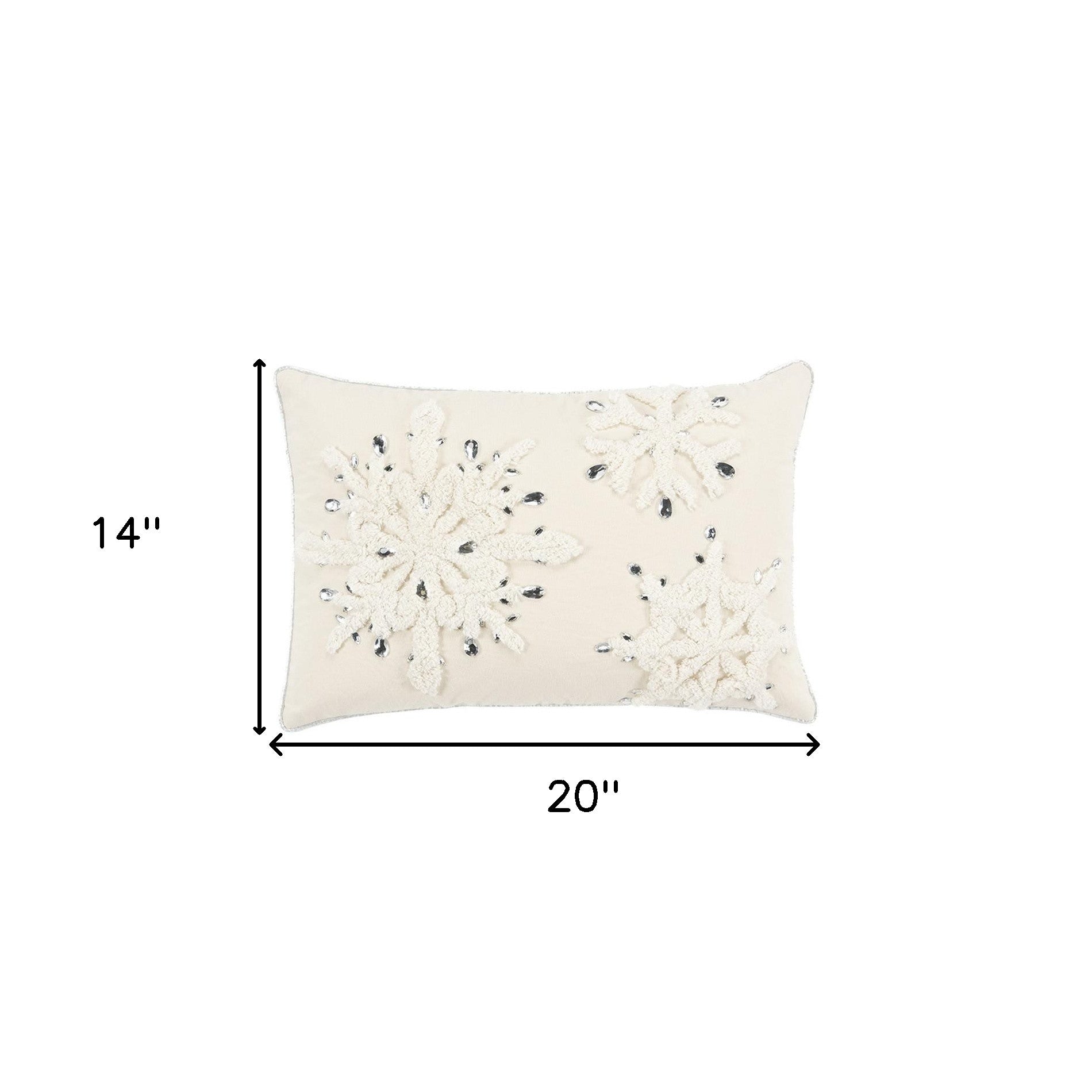 14" X 20" Ivory And Silver Glam Snowflake Throw Pillow With Embroidery