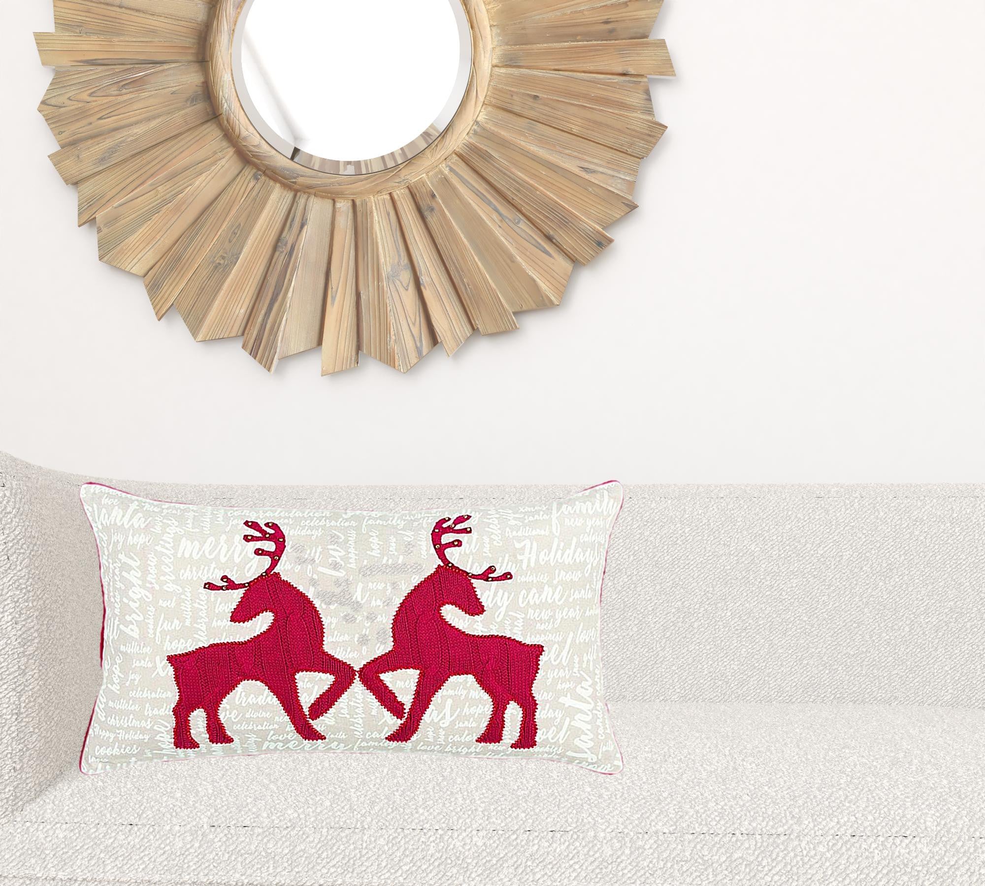 Cream and Red Christmas Deer Lumbar Throw Pillow