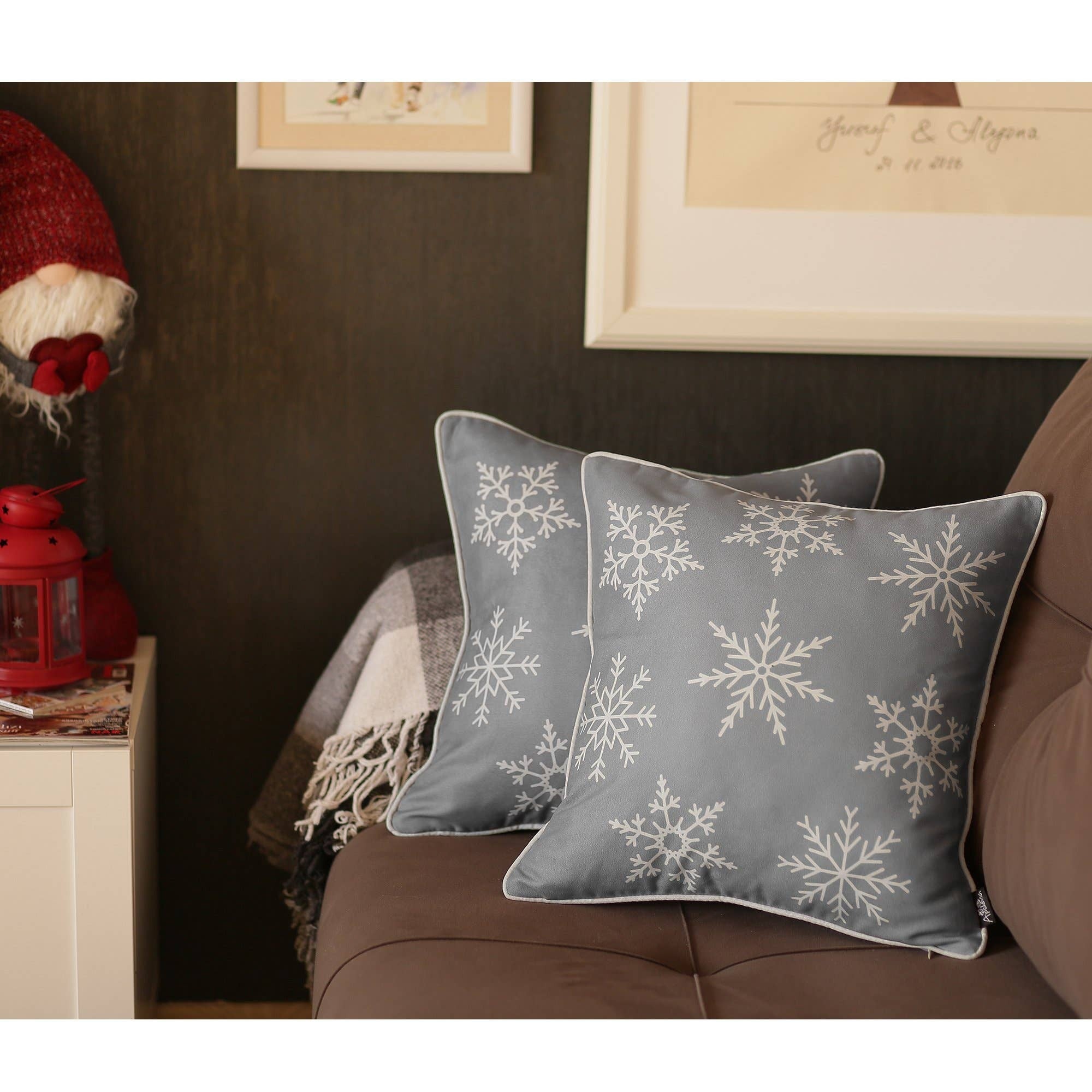 Set of 2 Gray and White Snowflakes Throw Pillows