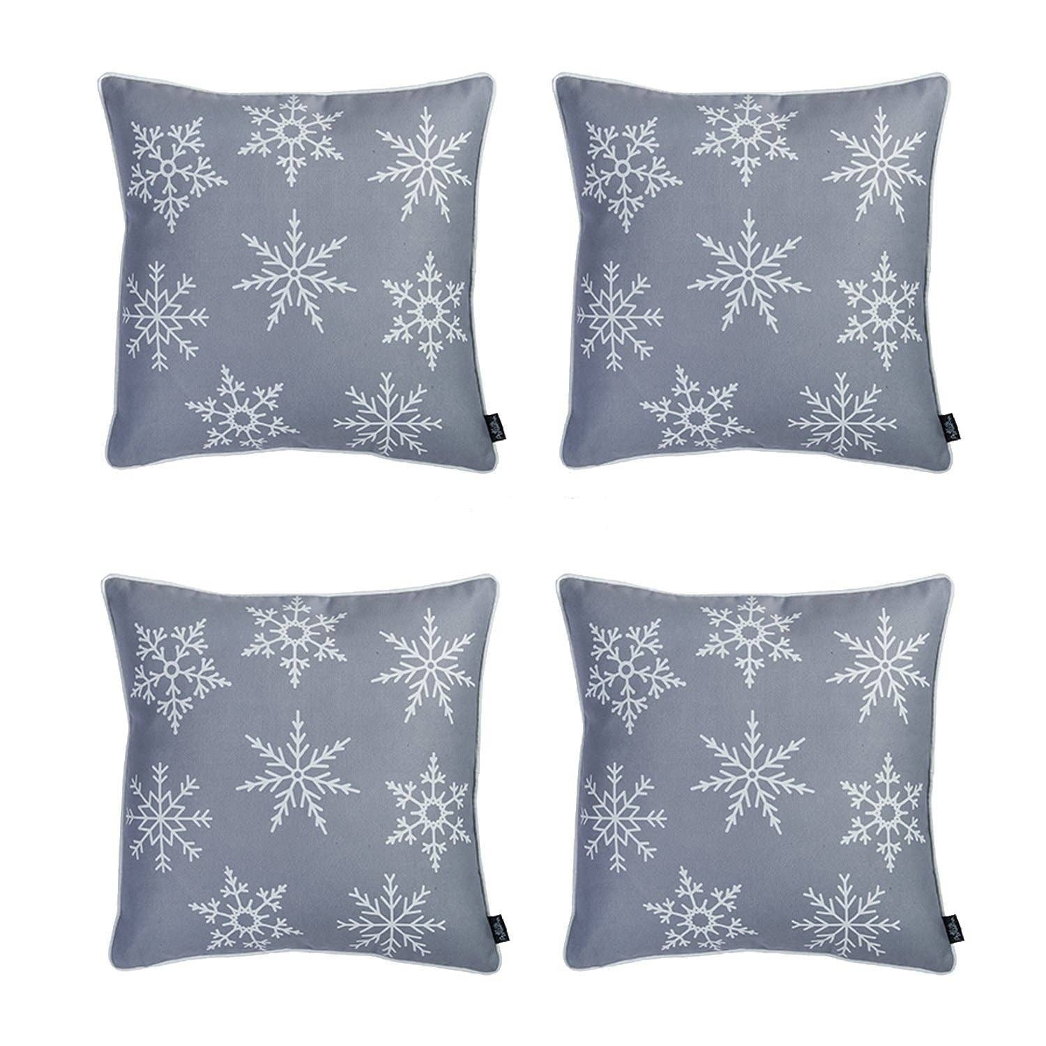 Set of 4 Gray and White Snowflakes Throw Pillows