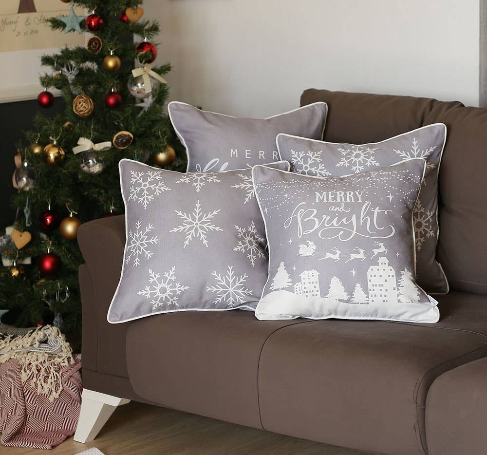 Set of Four Gray Merry Bright Christmas Throw Pillows