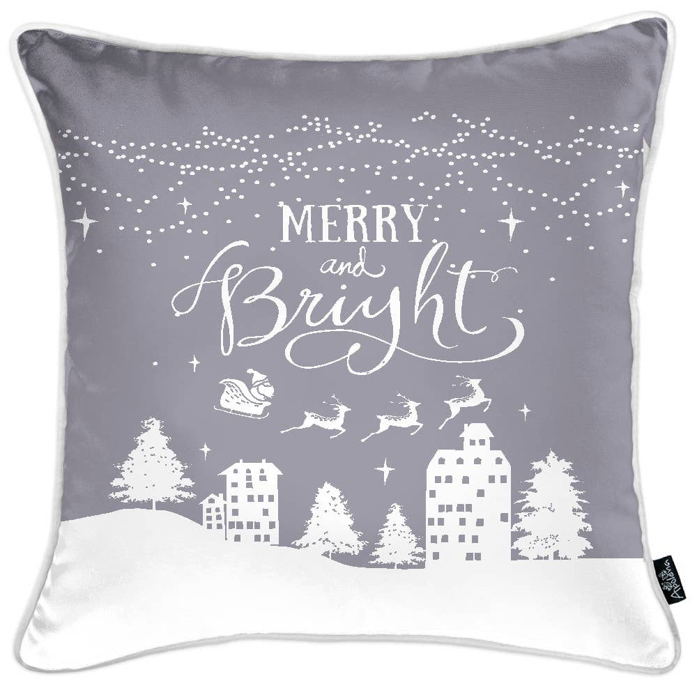 Set of Four Gray Merry Bright Christmas Throw Pillows