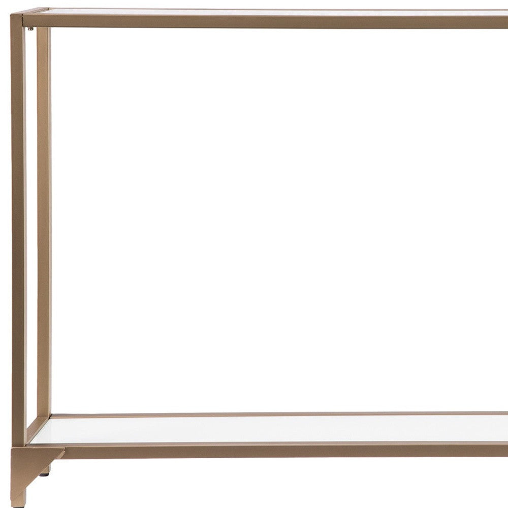 56" Clear and Gold Glass Mirrored Frame Console Table With Shelves