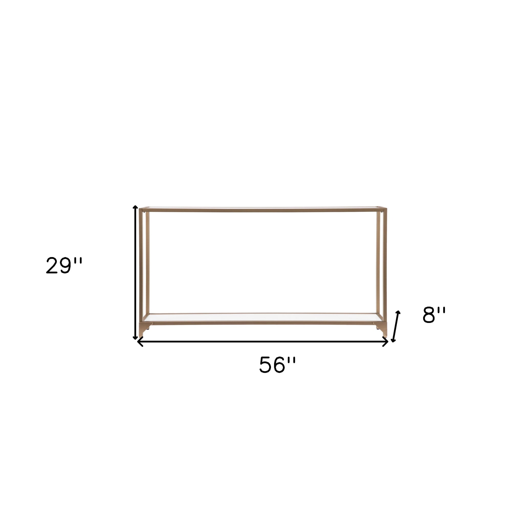 56" Clear and Gold Glass Mirrored Frame Console Table With Shelves