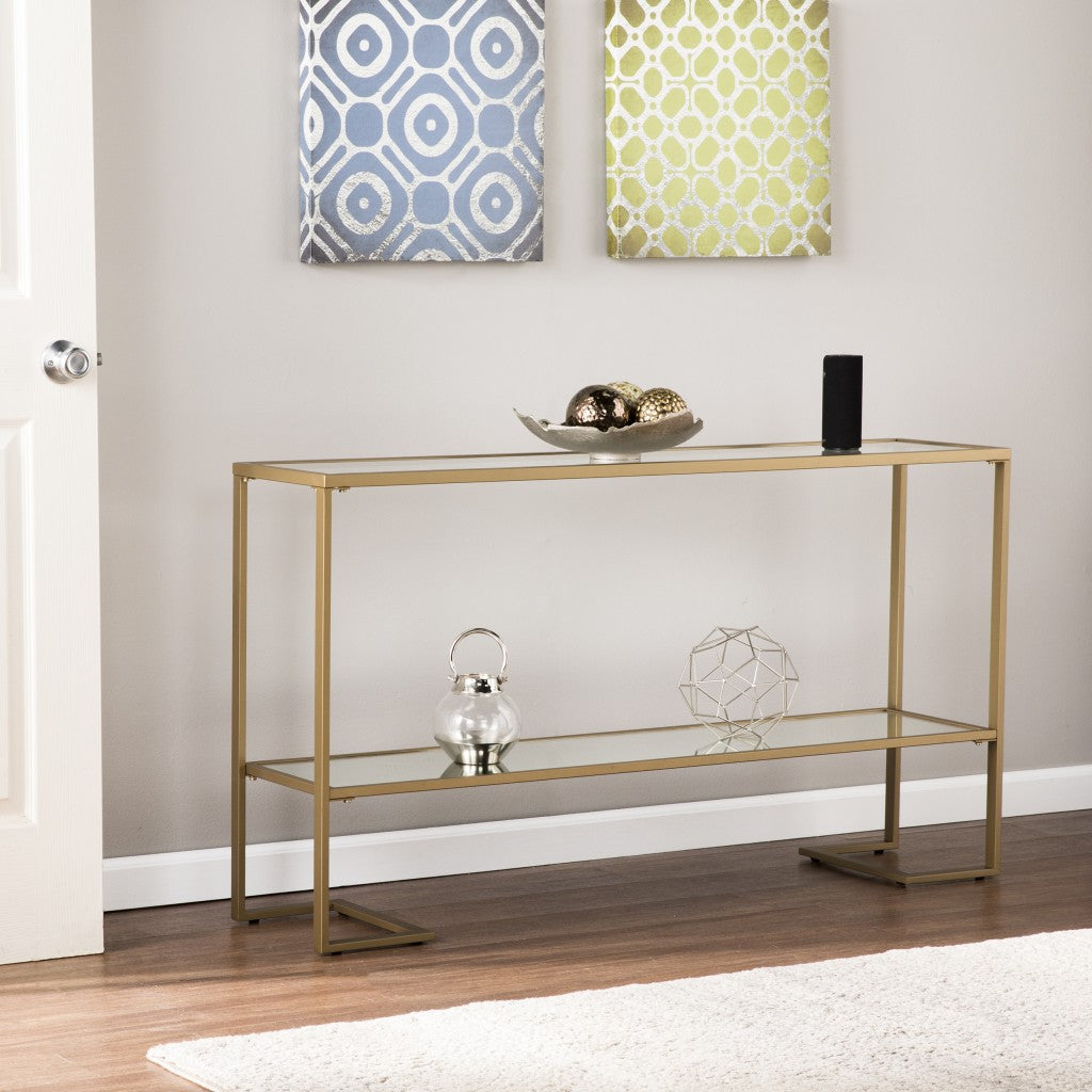 52" Clear and Gold Glass Mirrored Sled Console Table With Shelves