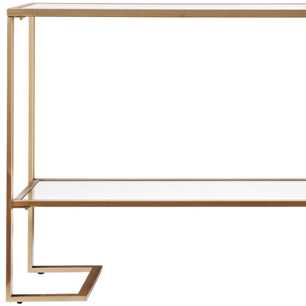 52" Clear and Gold Glass Mirrored Sled Console Table With Shelves