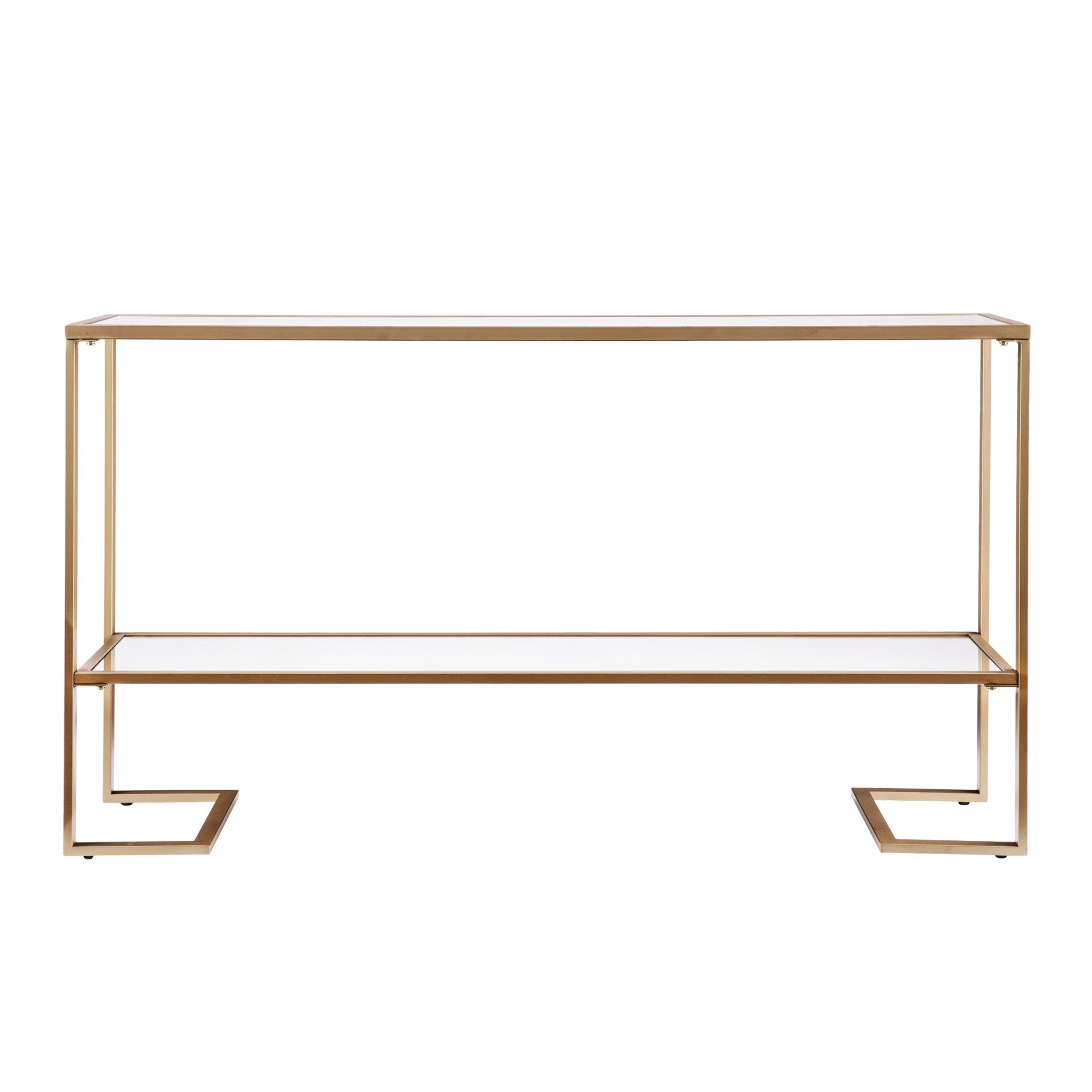 52" Clear and Gold Glass Mirrored Sled Console Table With Shelves