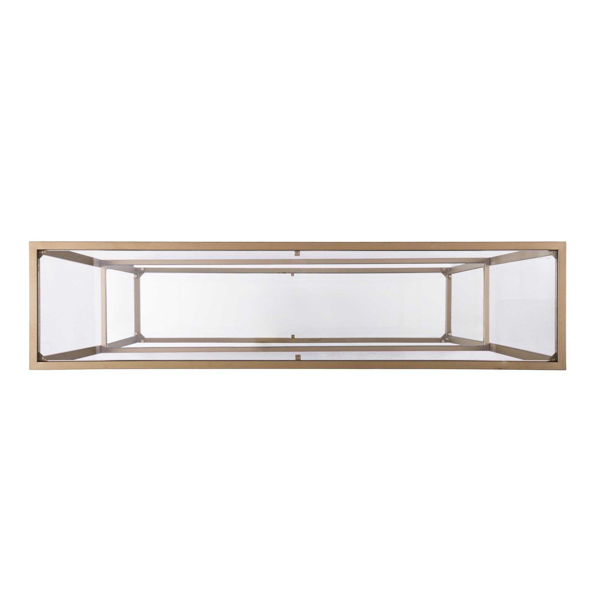 52" Clear and Gold Glass Mirrored Sled Console Table With Shelves