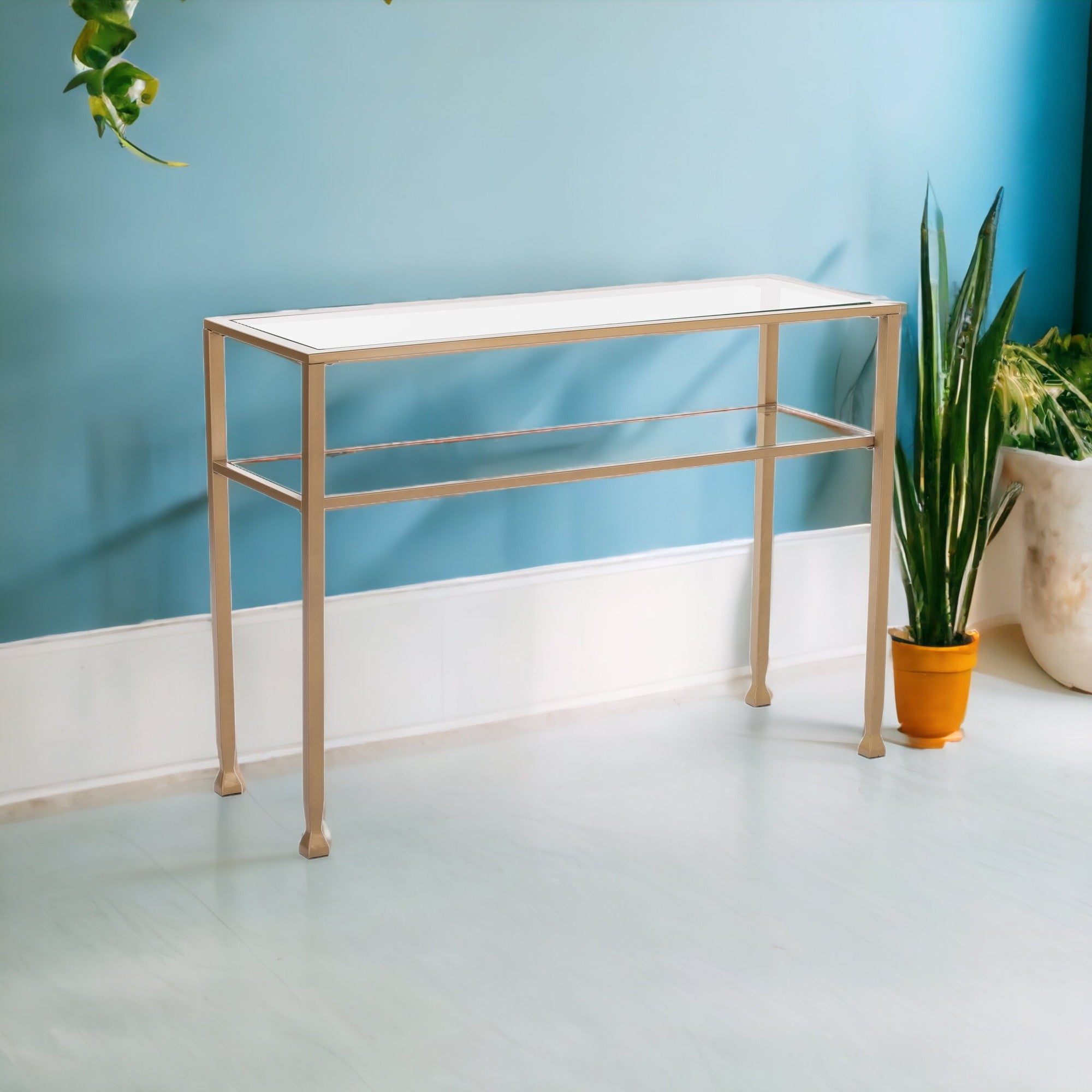 43" Clear and Gold Glass Console Table With Shelves