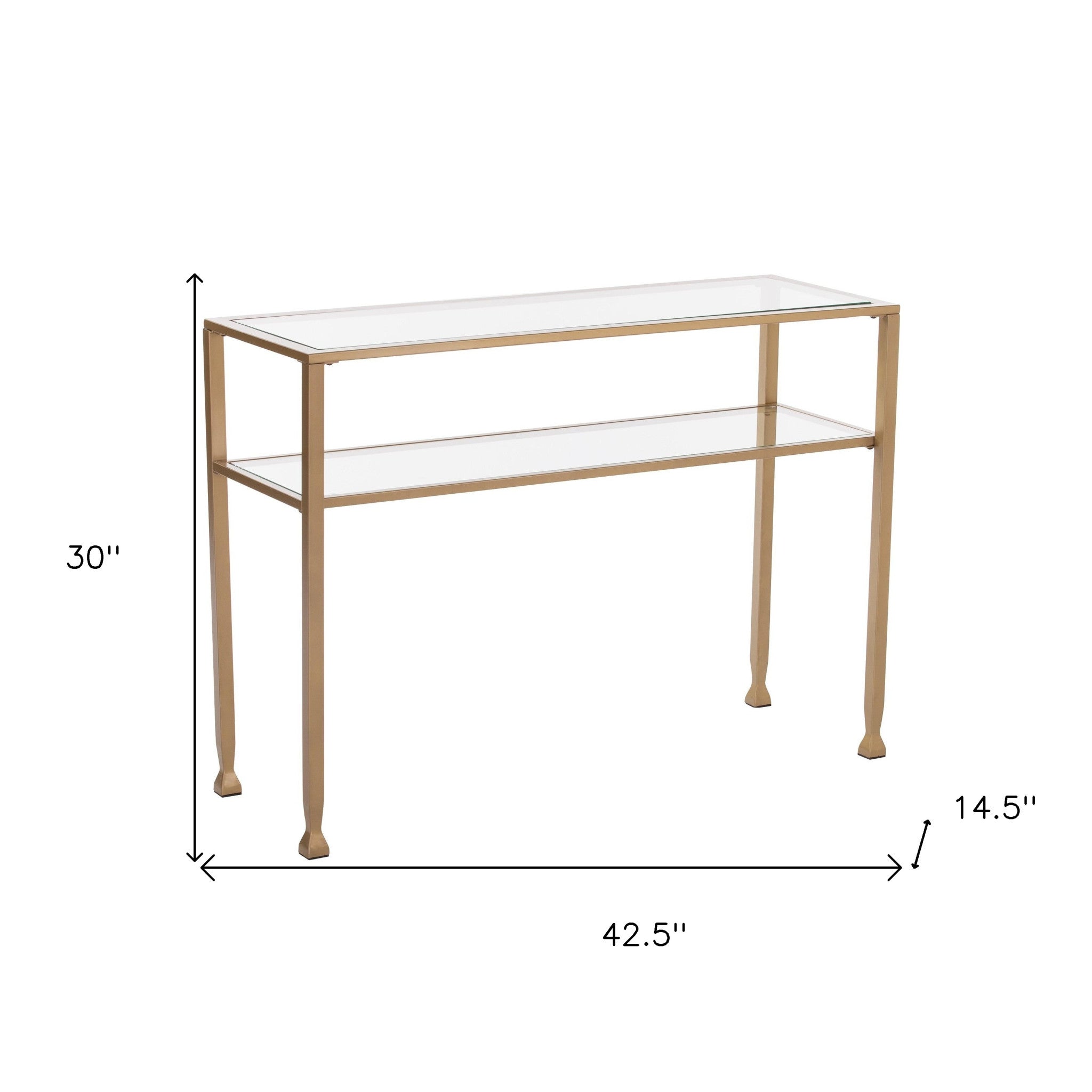 43" Clear and Gold Glass Console Table With Shelves