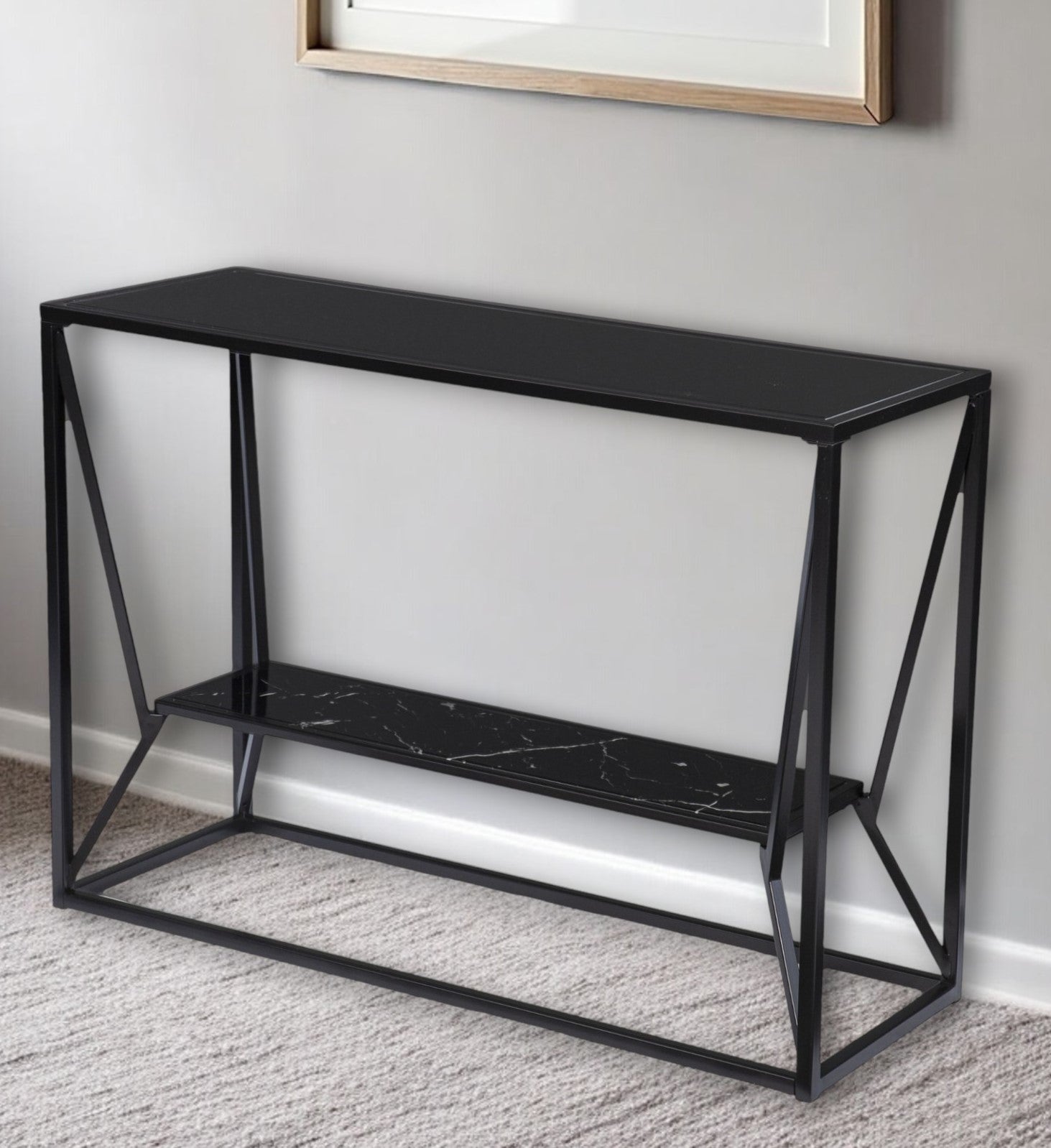 42" Black Glass Frame Console Table With Shelves