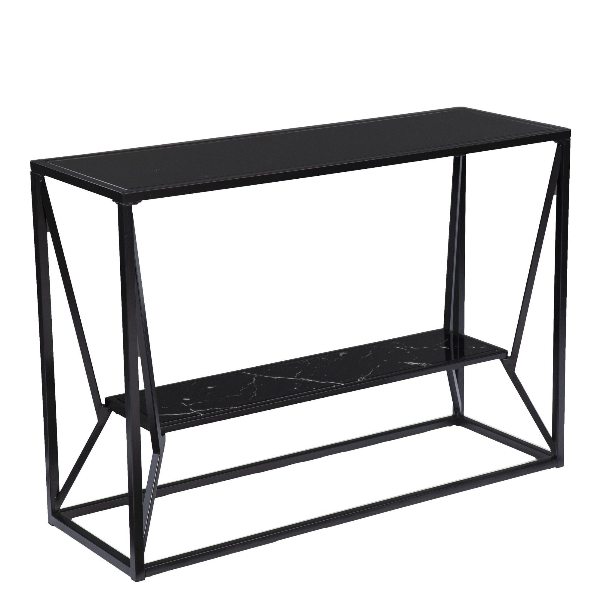 42" Black Glass Frame Console Table With Shelves