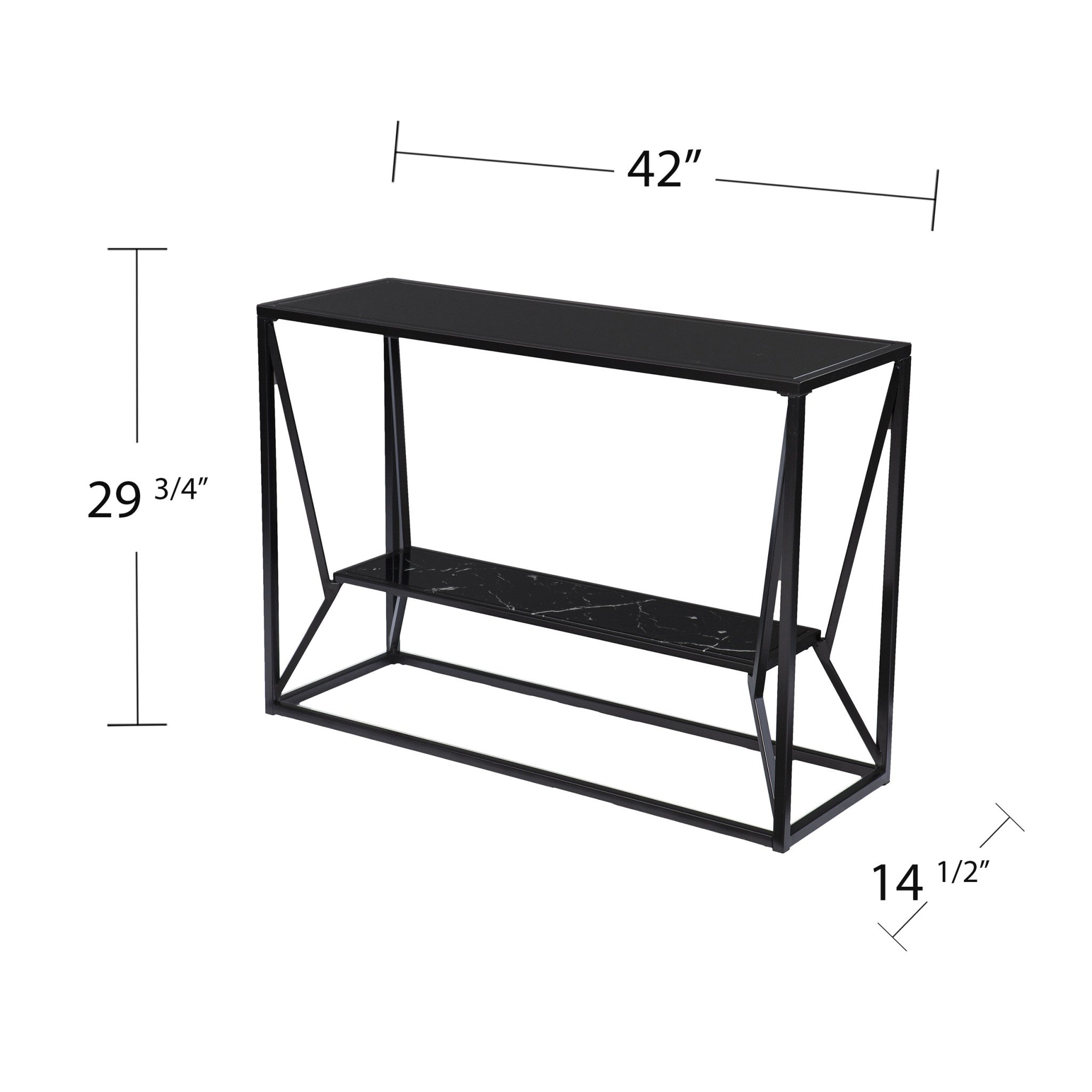 42" Black Glass Frame Console Table With Shelves