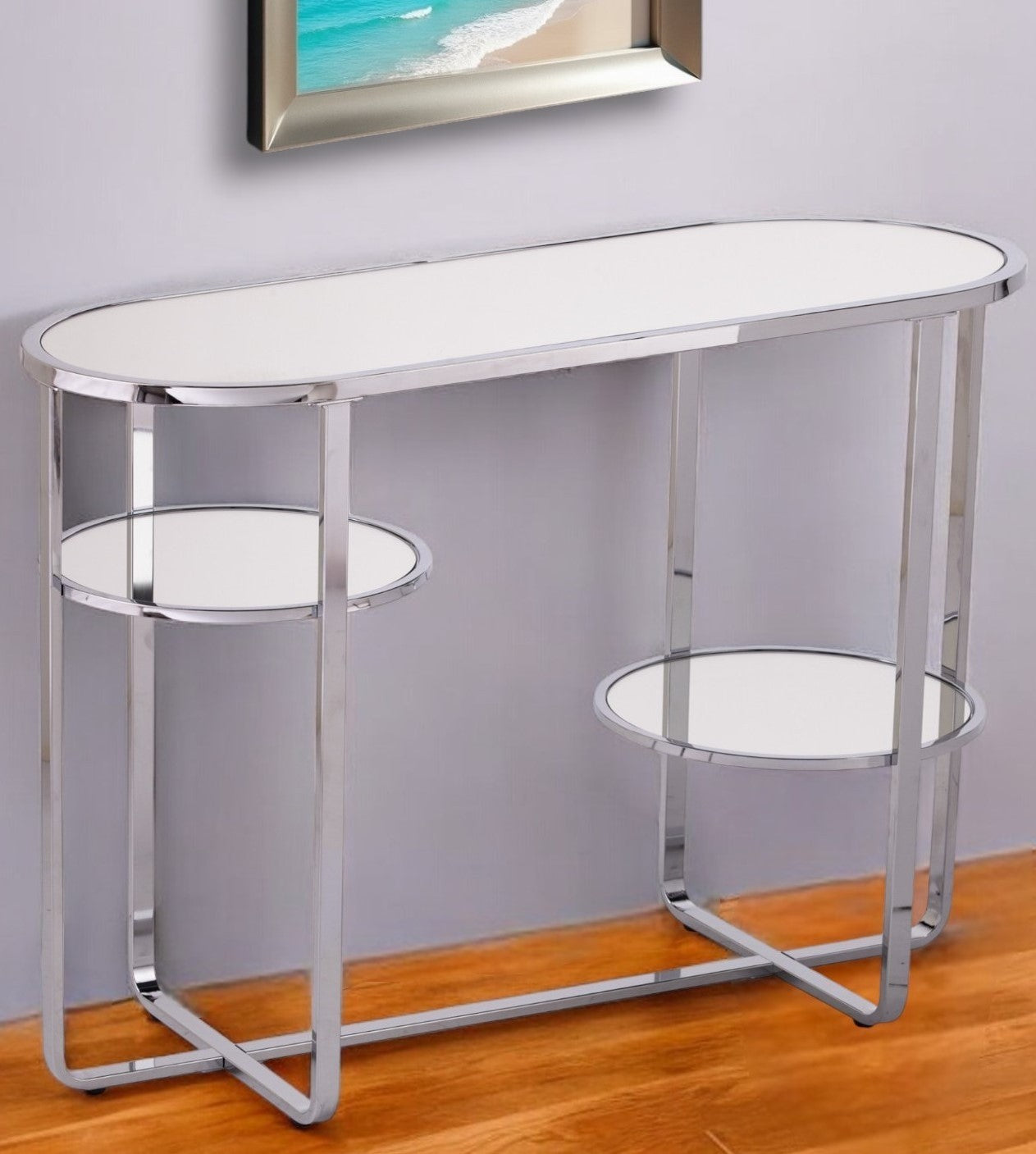 42" Silver Mirrored Glass Oval Cross Leg Console Table With Shelves