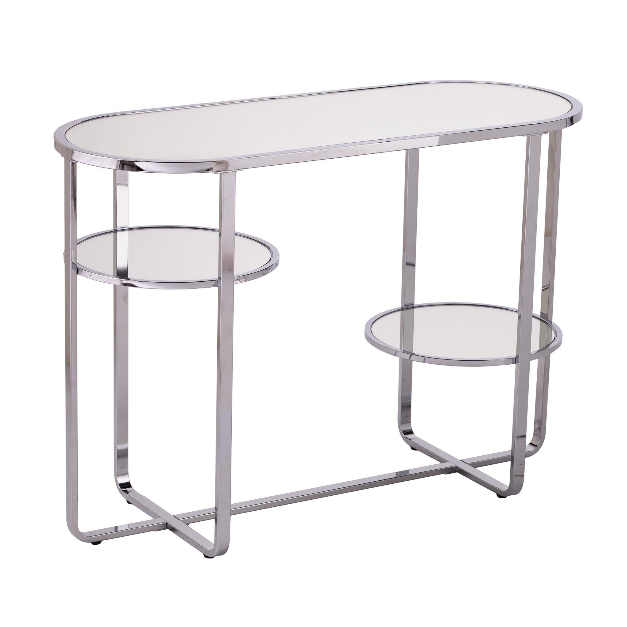 42" Silver Mirrored Glass Oval Cross Leg Console Table With Shelves