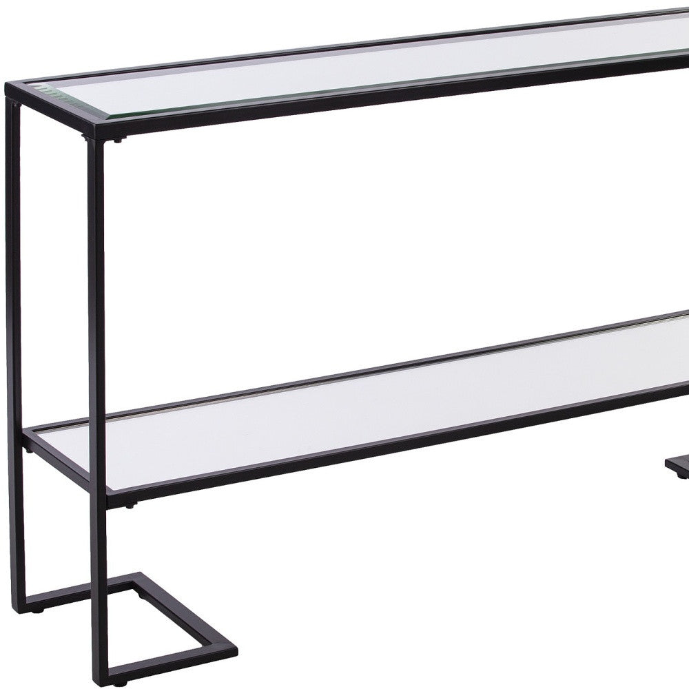 52" Clear and Black Glass Mirrored Sled Console Table With Shelves