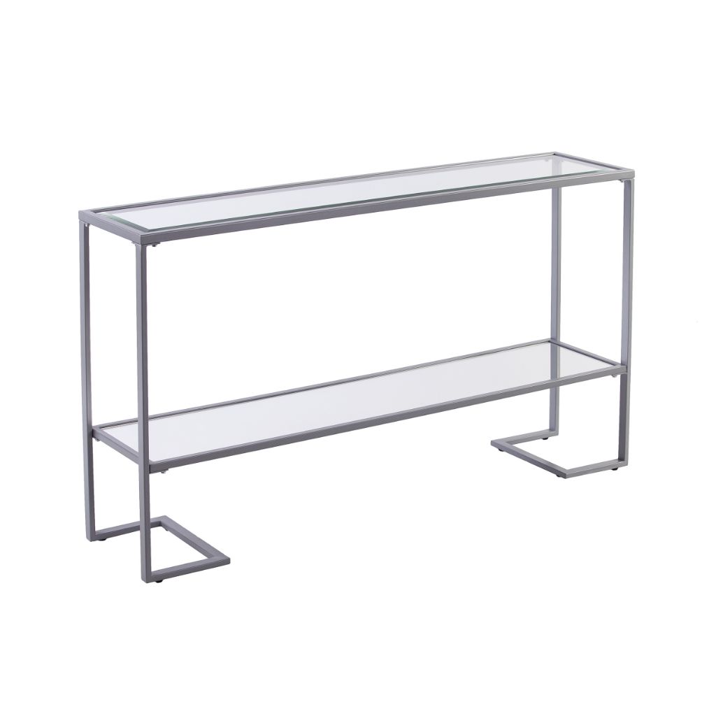 52" Clear and Silver Glass Sled Console Table With Shelves