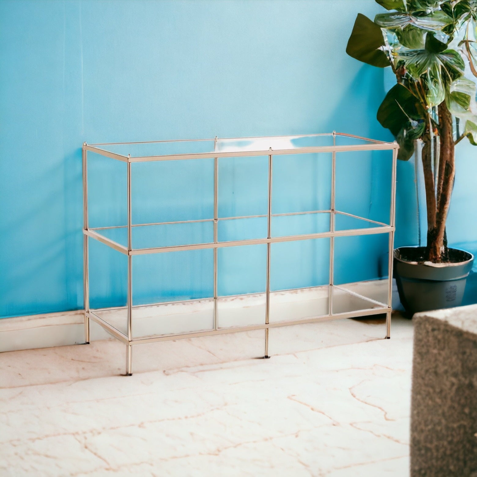 42" Clear and Gold Glass Mirrored Frame Console Table With Shelves