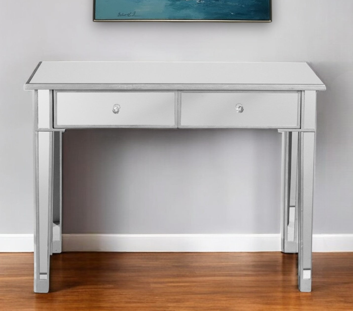 40" Silver Mirrored Glass Console Table And Drawers