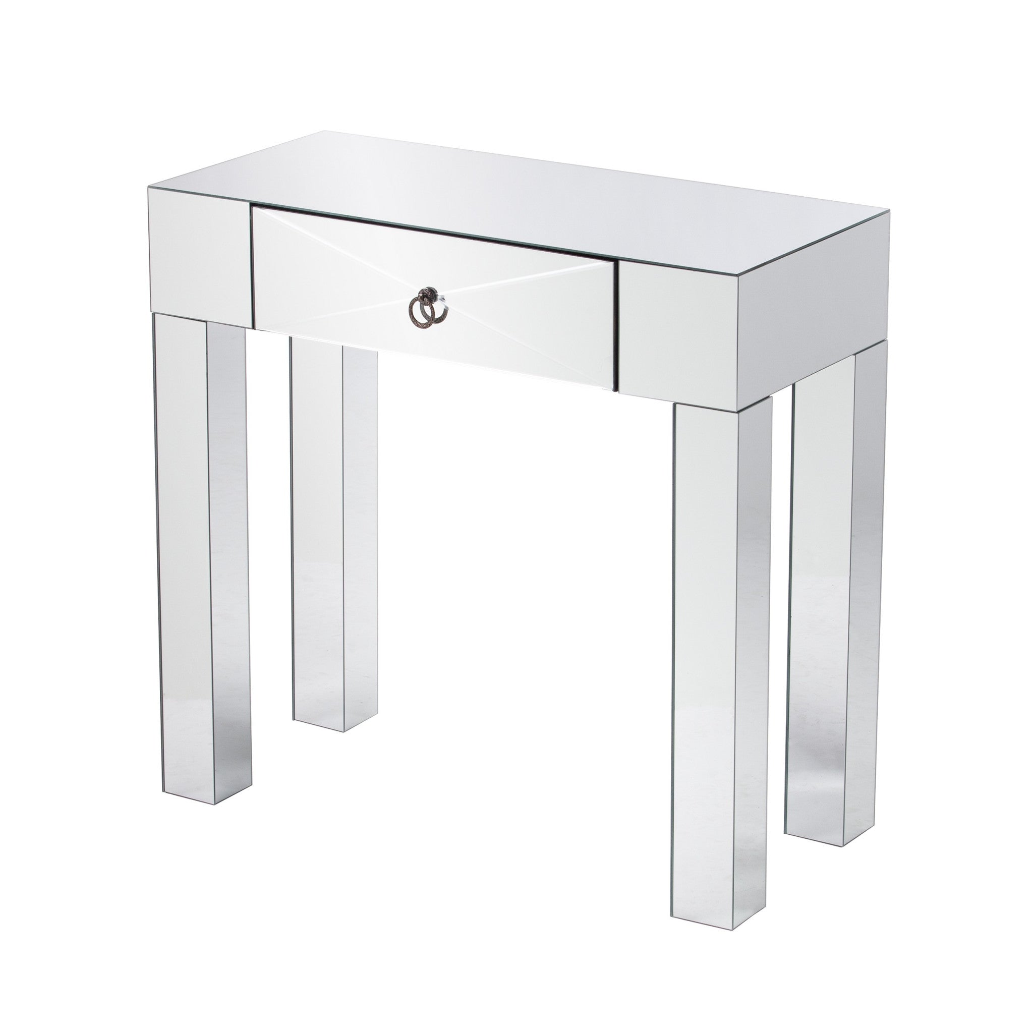 31" Silver Mirrored Glass Console Table With Storage