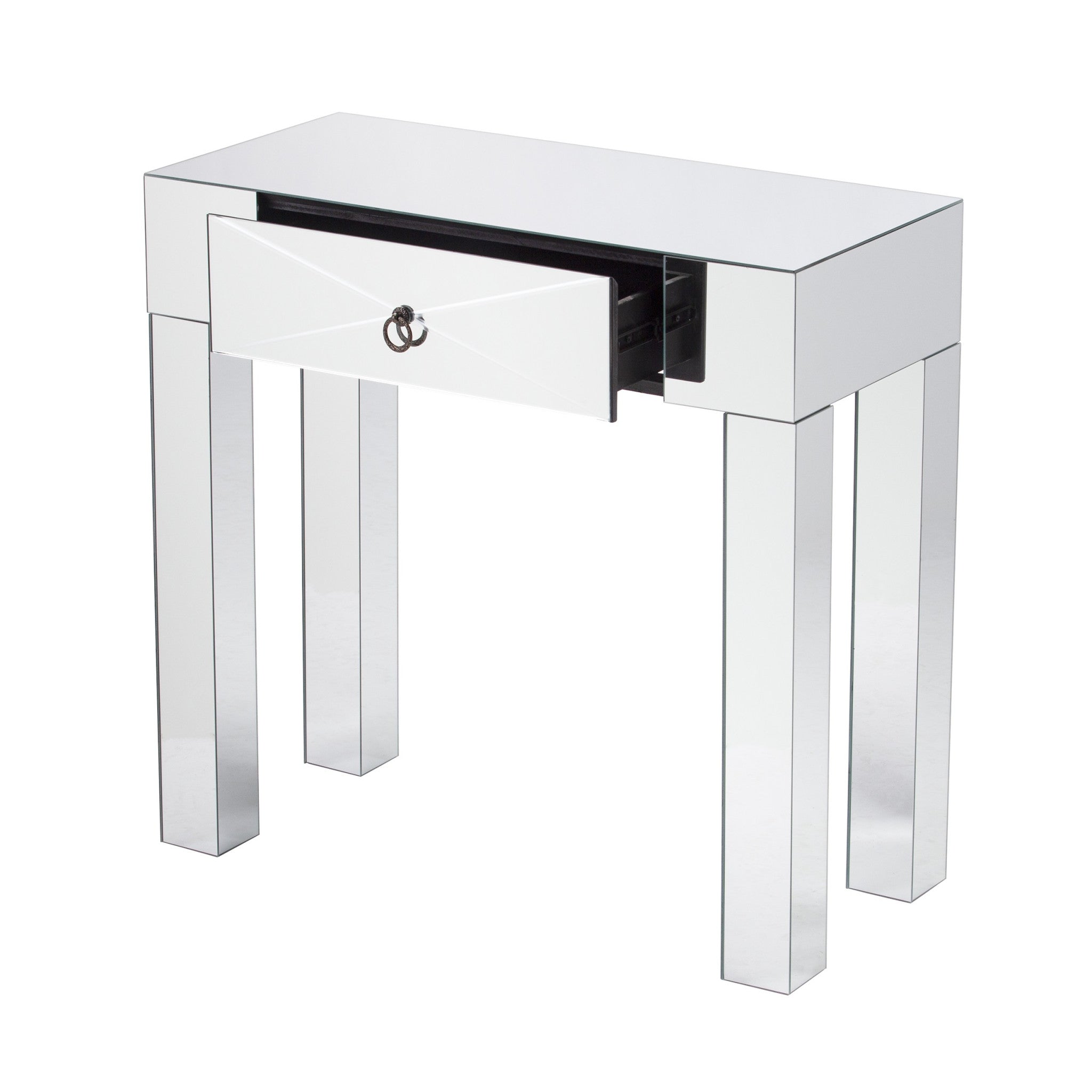 31" Silver Mirrored Glass Console Table With Storage