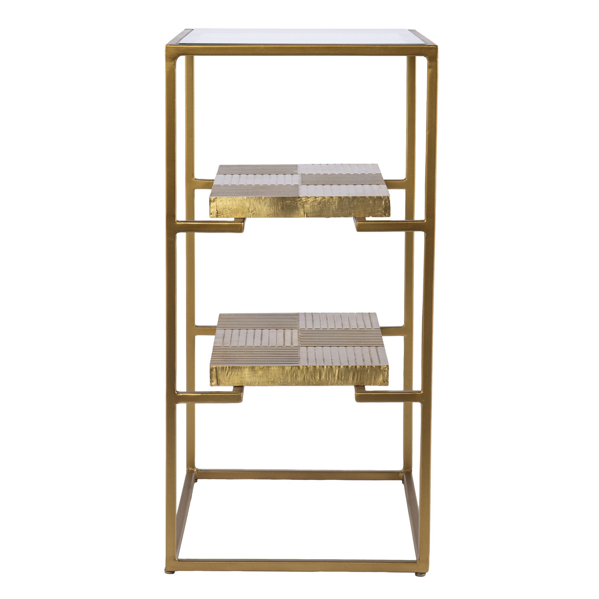 24" Brass Glass And Iron Rectangular End Table With Two Shelves