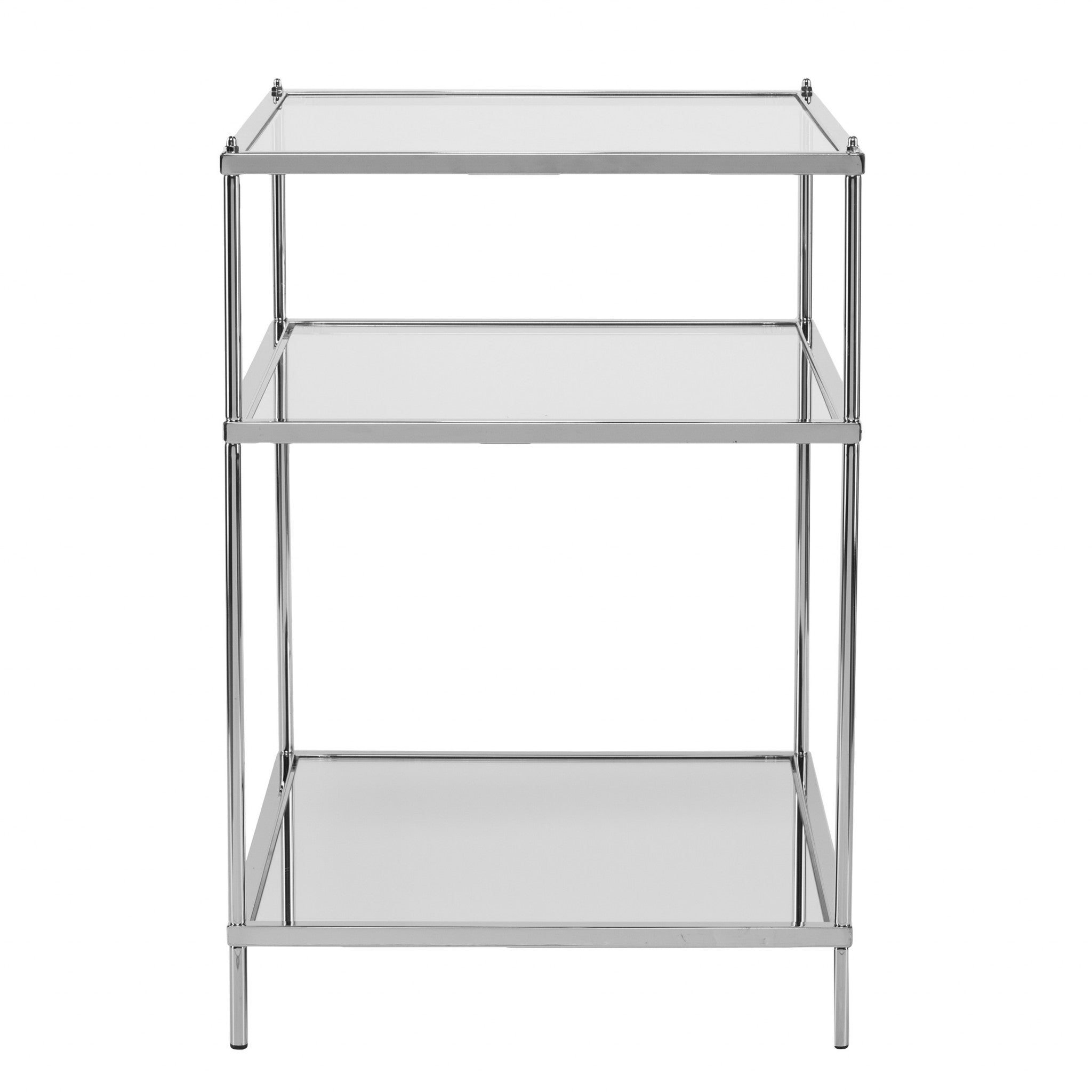 27" Chrome Glass And Iron Rectangular Mirrored End Table With Shelf