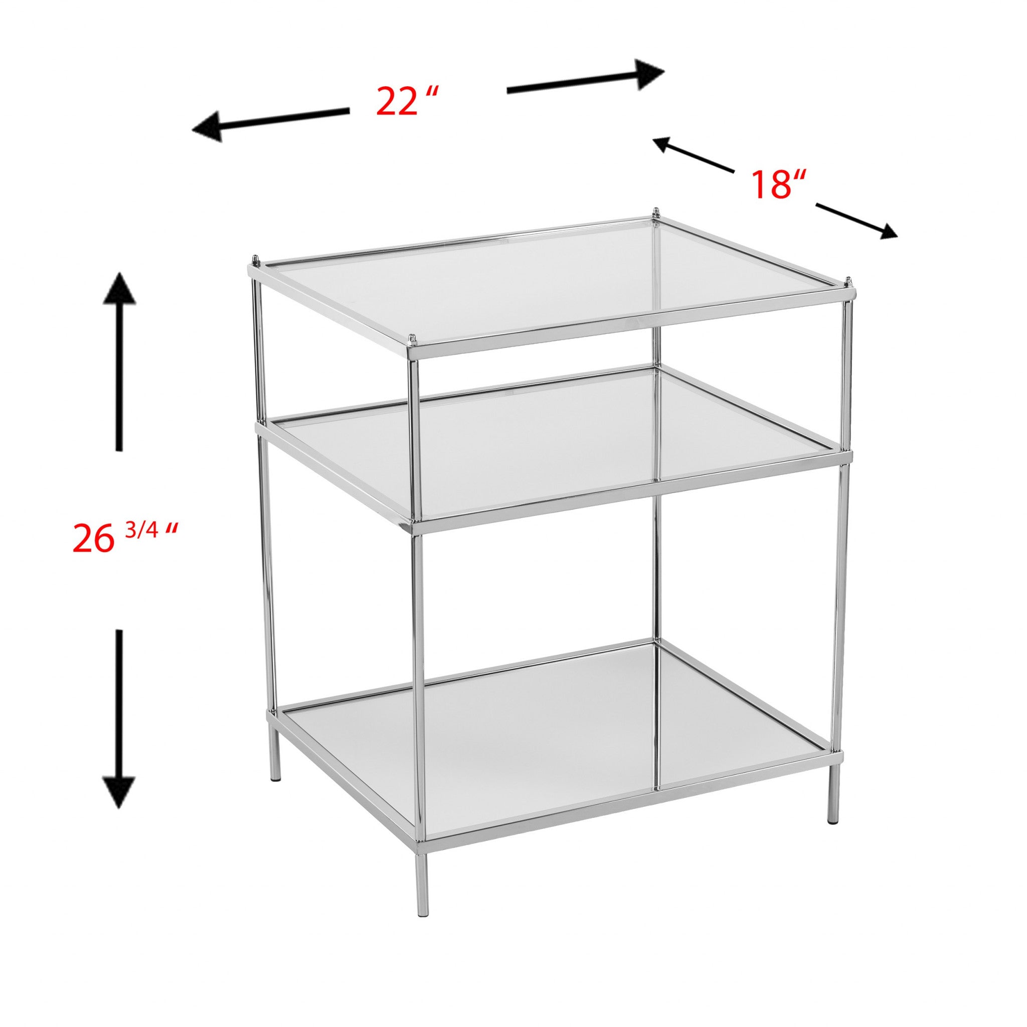 27" Chrome Glass And Iron Rectangular Mirrored End Table With Shelf