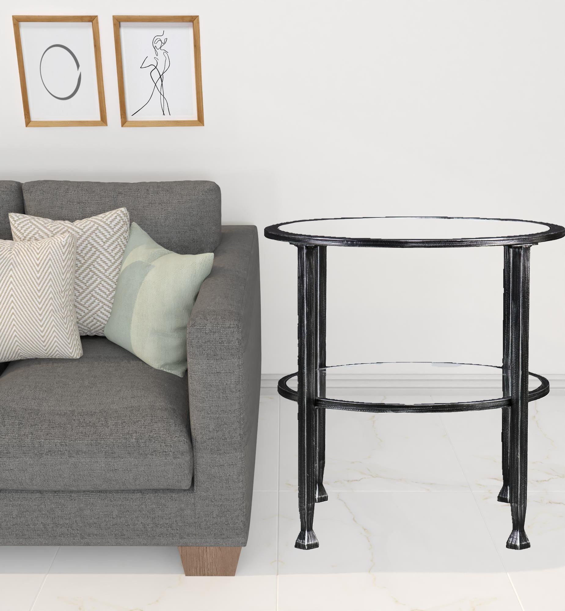 24" Black Glass And Iron Round End Table