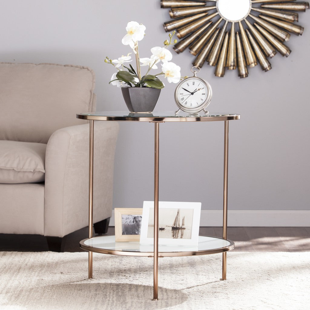 26" Gold Glass And Iron Round End Table With Shelf