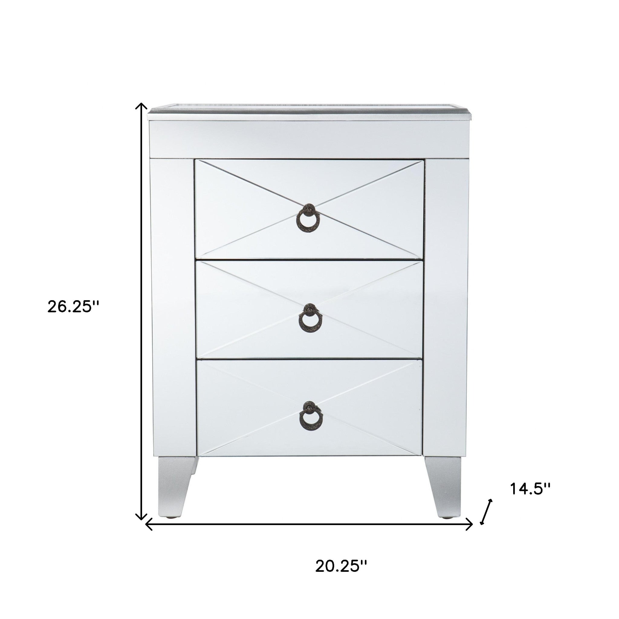 26" Silver Manufactured Wood And Iron Rectangular Mirrored End Table With Three Drawers And