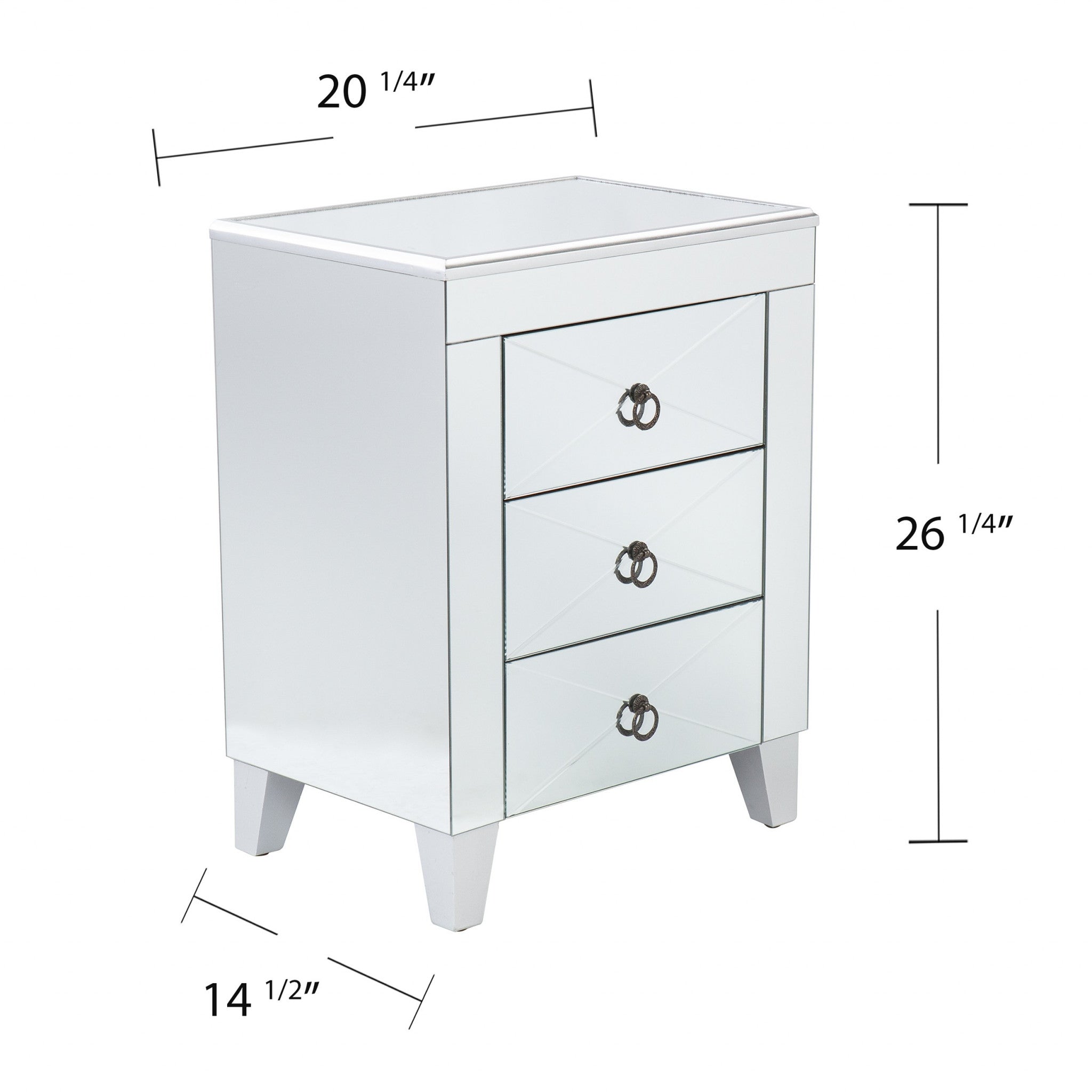 26" Silver Manufactured Wood And Iron Rectangular Mirrored End Table With Three Drawers And