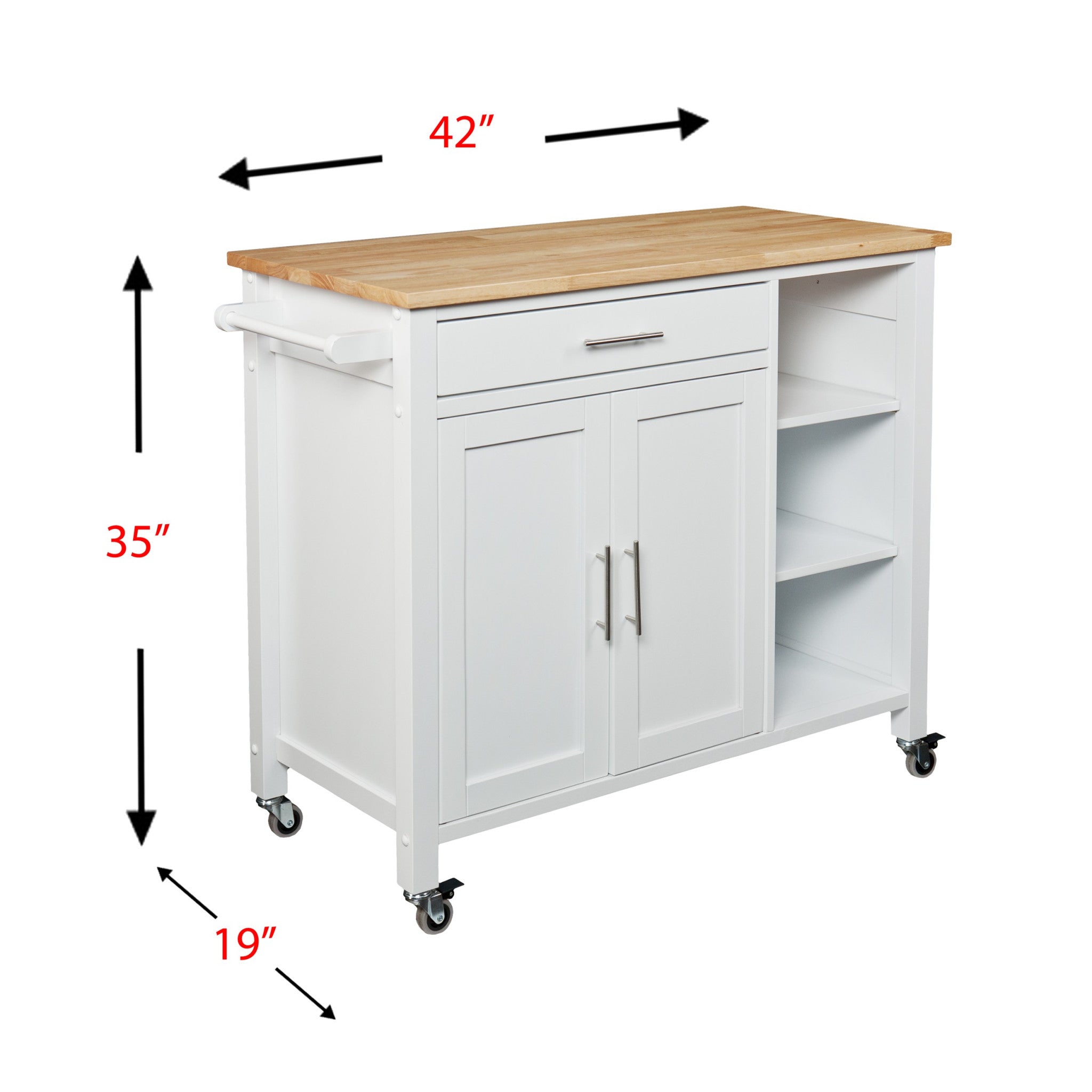 White and Natural 42" Rolling Kitchen Cart With Storage