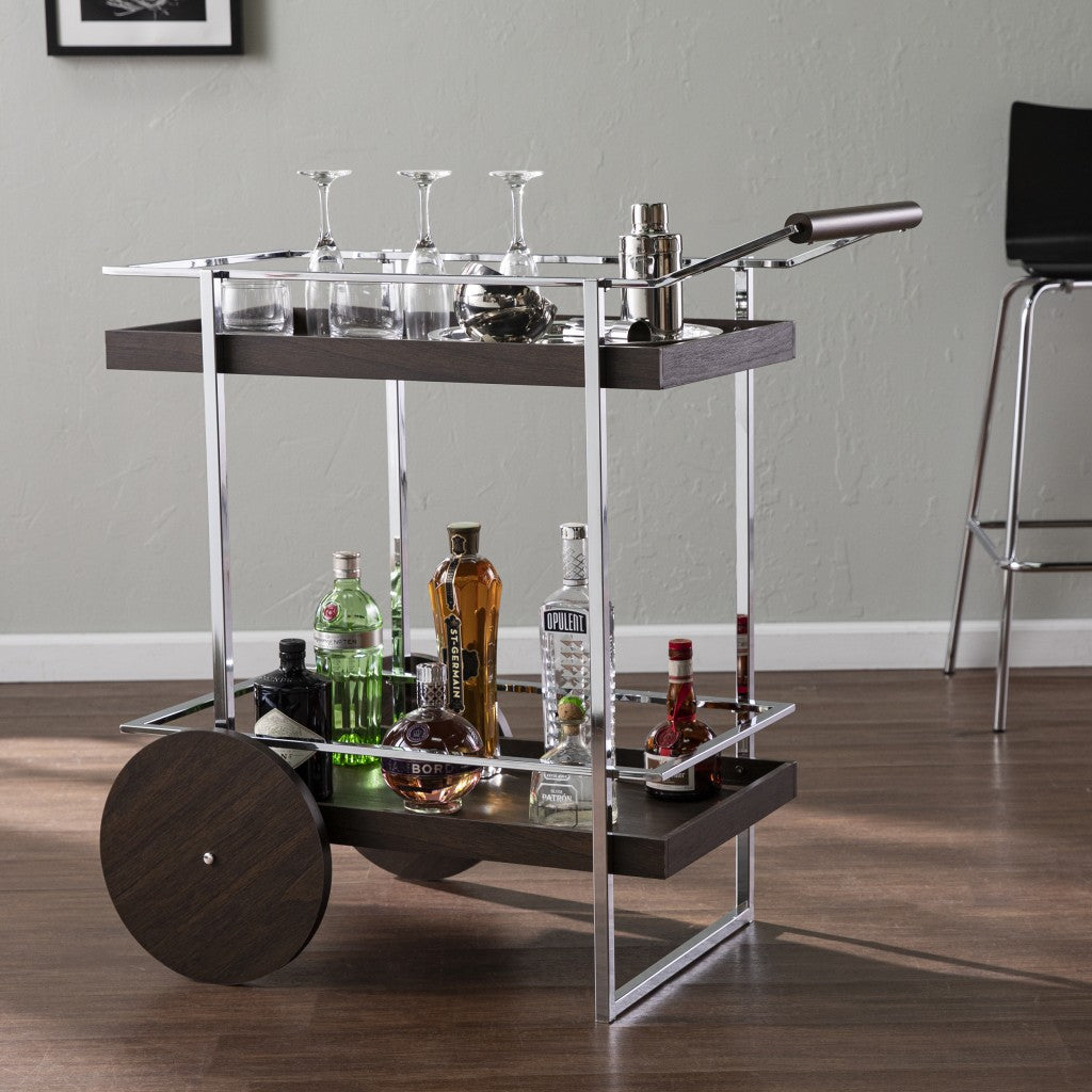 Brown and Silver Mod Rolling Bar Cart