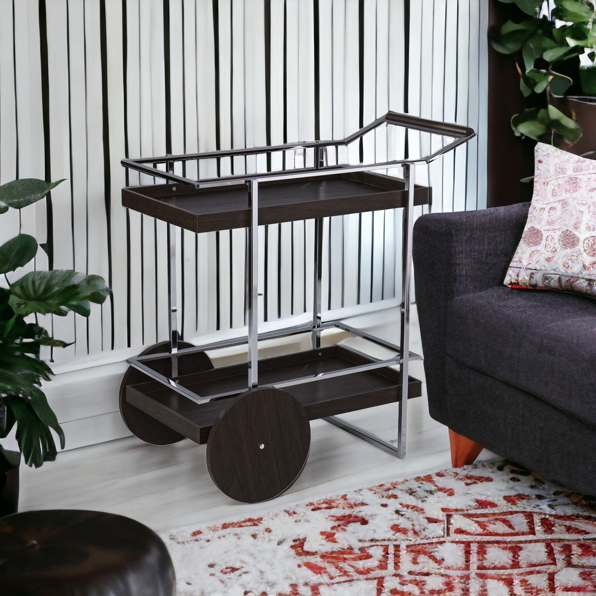 Brown and Silver Mod Rolling Bar Cart