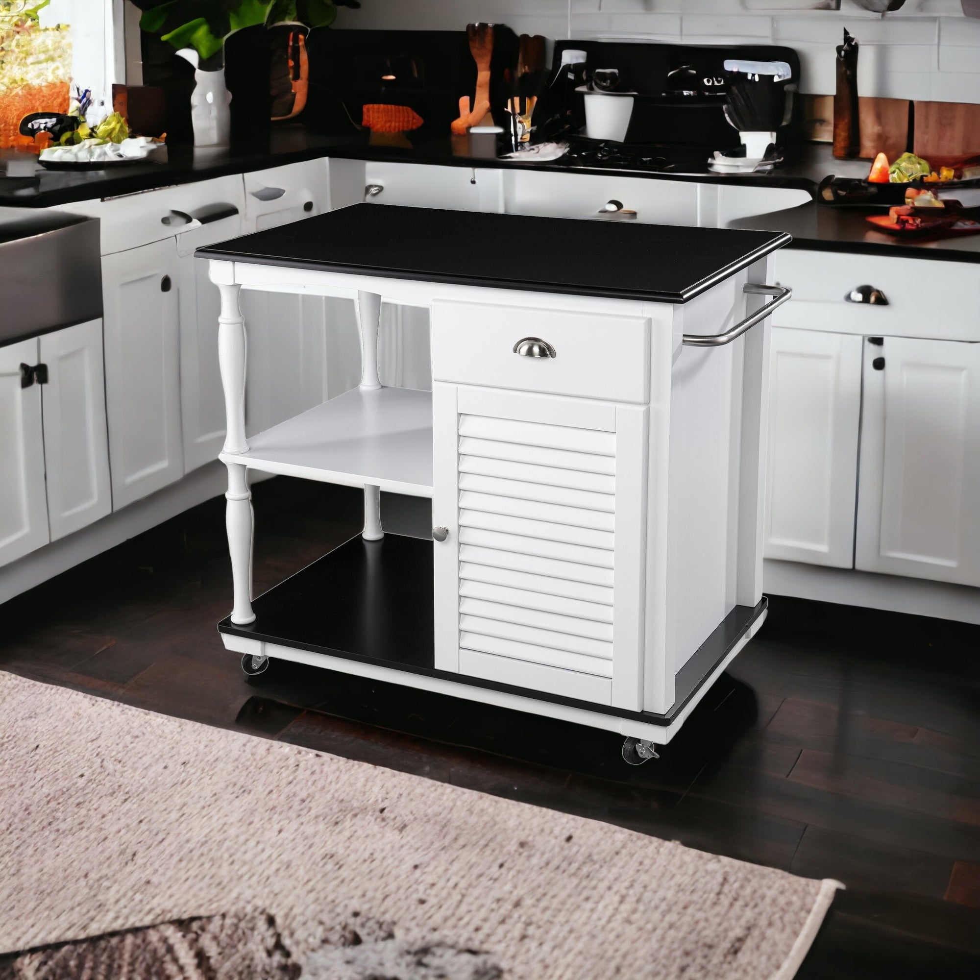 Black and White and Black 39" Rolling Kitchen Island With Storage