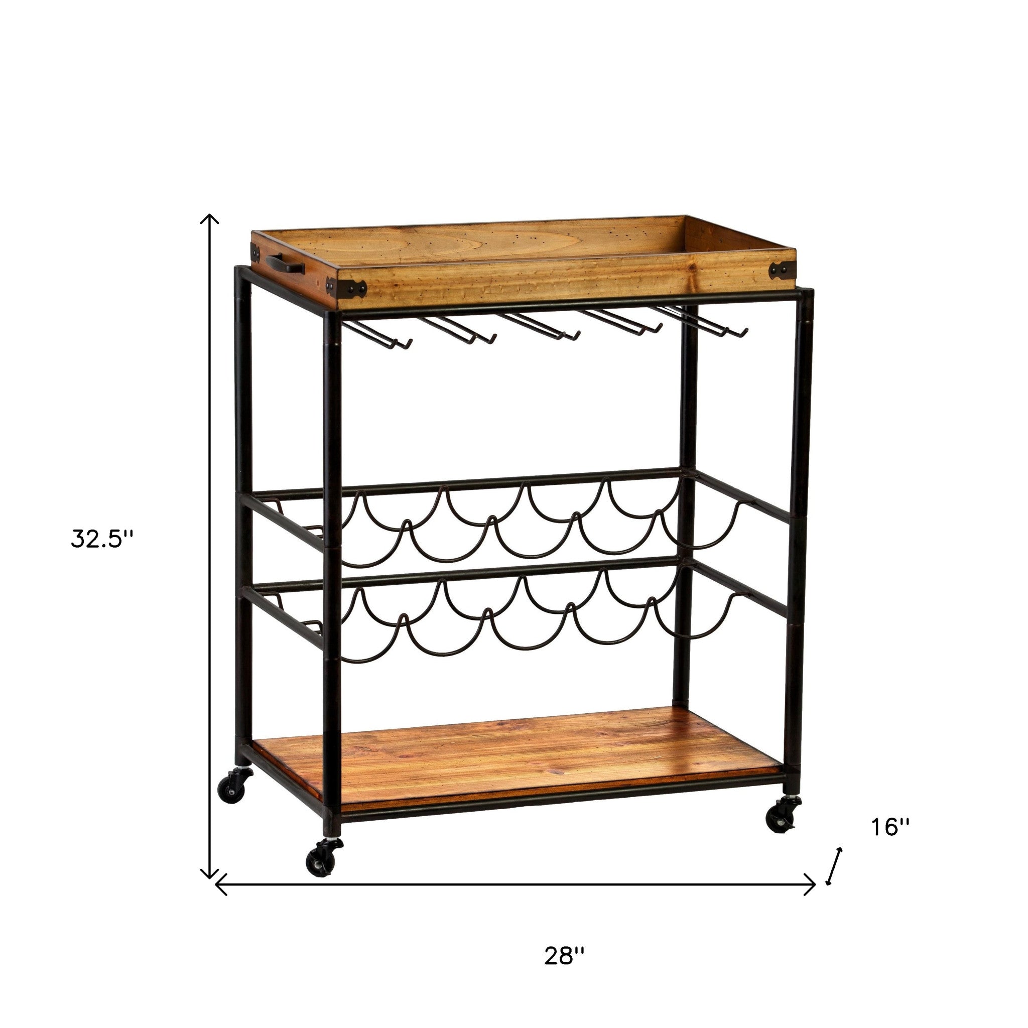 Brown and Black Metal And Solid Wood Rolling Bar Cart With Wine Storage