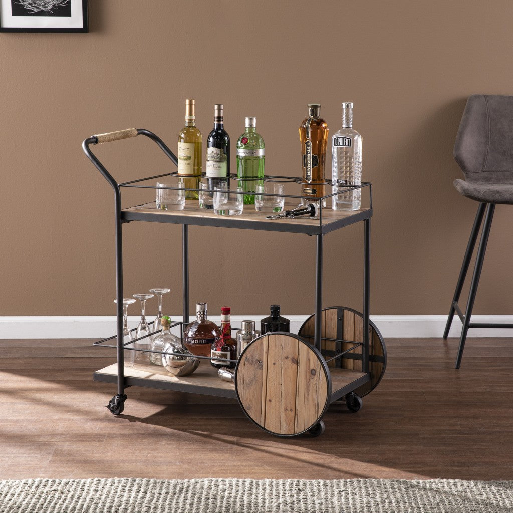 Natural and Black Iron And Reclaimed Wood Rolling Bar Cart With Wine Storage